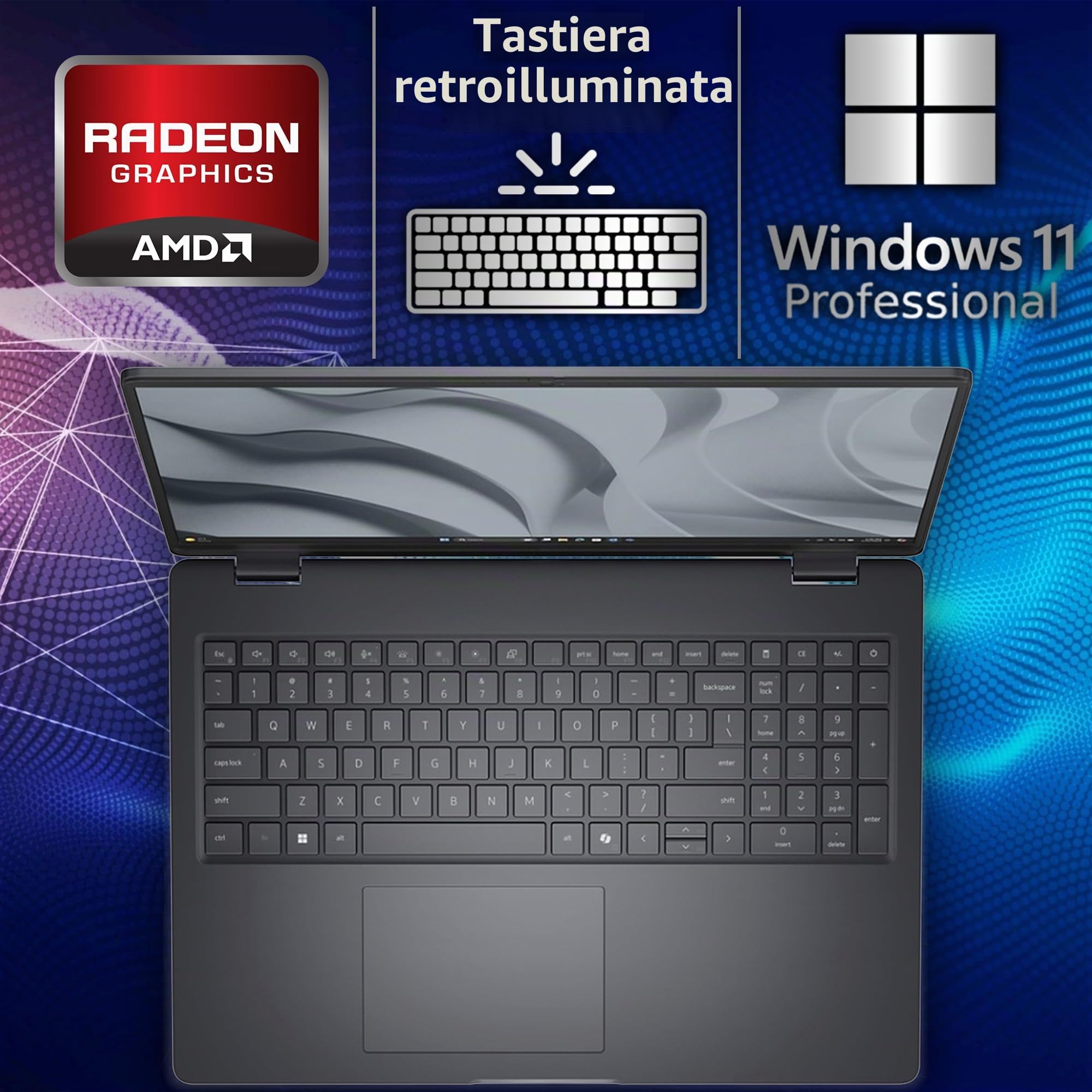 Dell Pro 16 FHD 16" Display Business Laptop, AMD Ryzen 5 220, 32GB DDR5 RAM, 1TB SSD PCIe, Tastiera retroilluminata, WiFi 6E + BT, RJ-45, HDMI, AI PC, HD Webcam, Windows 11 Pro - Magnetite Nero