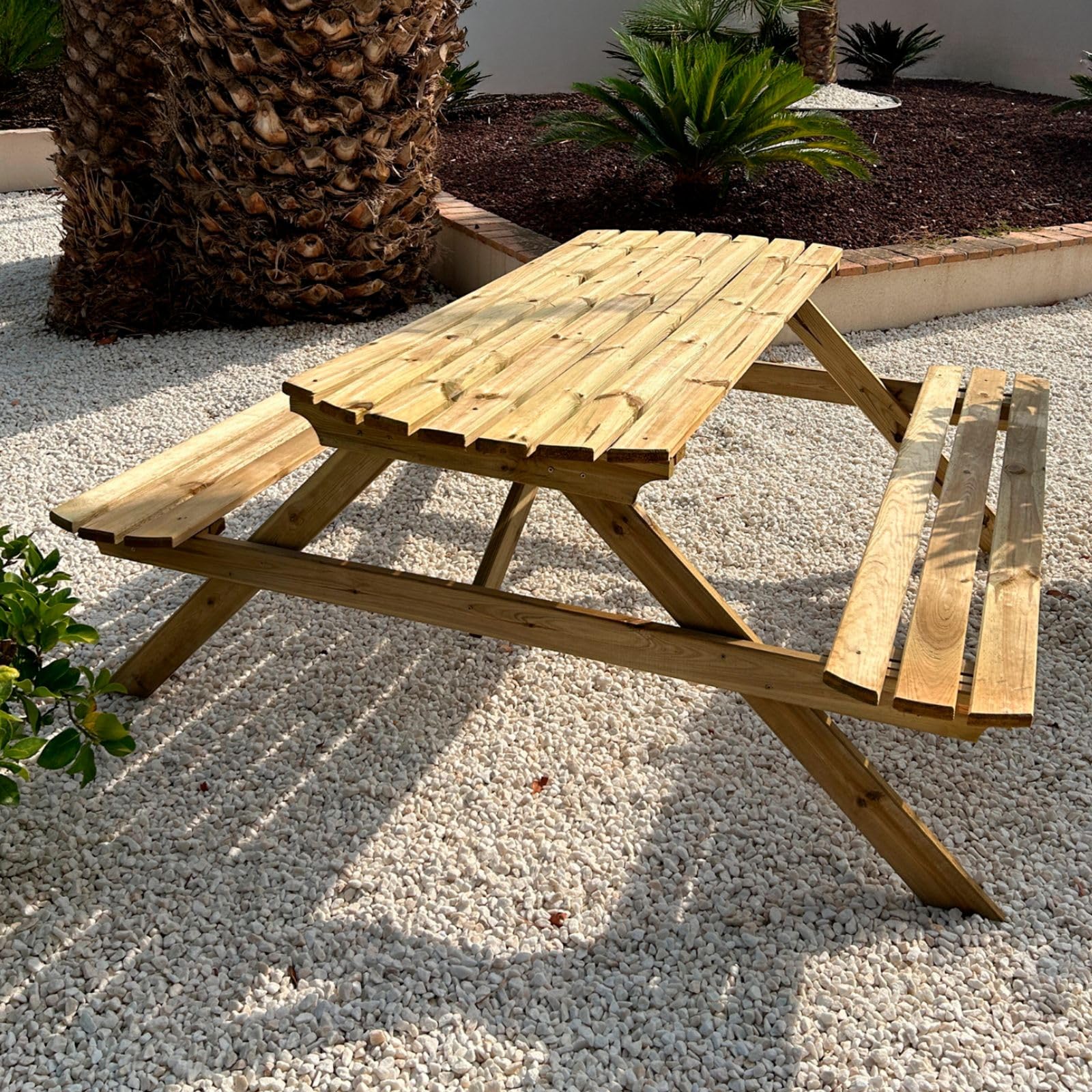 PLANTAWA Rodzinny stół piknikowy 170 cm szer. x 160 cm dł. x 72 cm (wys.) dla 6-8 osób, kempingowy pojemnik na przekąski do domu, drewniany stół z ławką, meblami ogrodowymi i tarasem
