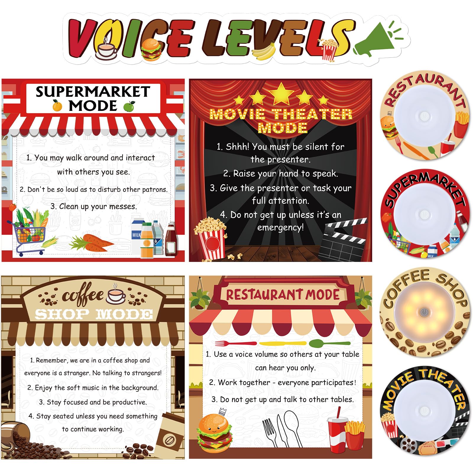 Janlaugh 4 Pcs Voice Level Poster with LED Light Classroom Voice Level Mode Chart Real Life Scene Coffee Supermarket Restaurant Movie Mode Rules