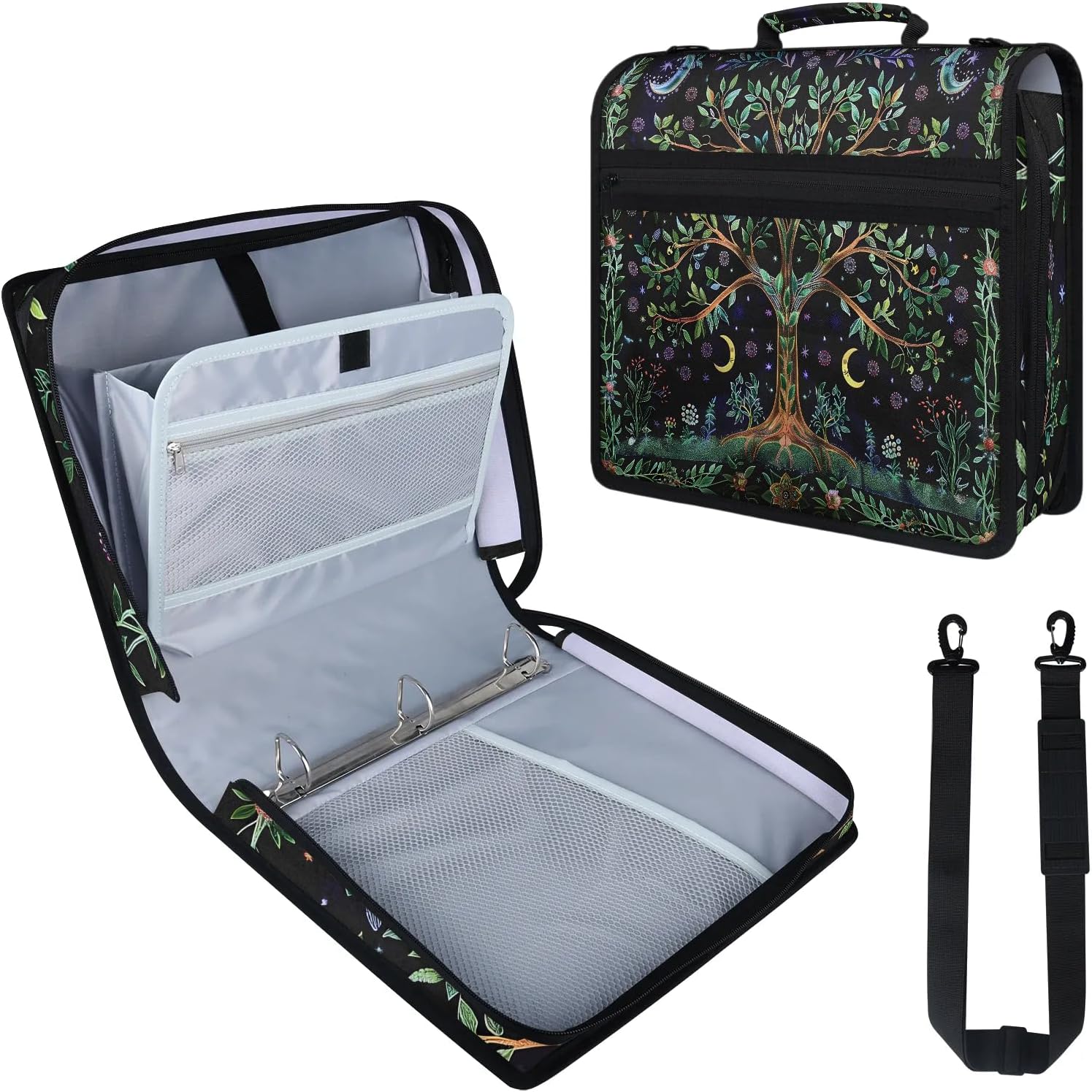 Boho Moon Tree Zipper Binder Bag with Handle Shoulder Strap 3-Ring Binder for Work Offices Storage Organizer Case