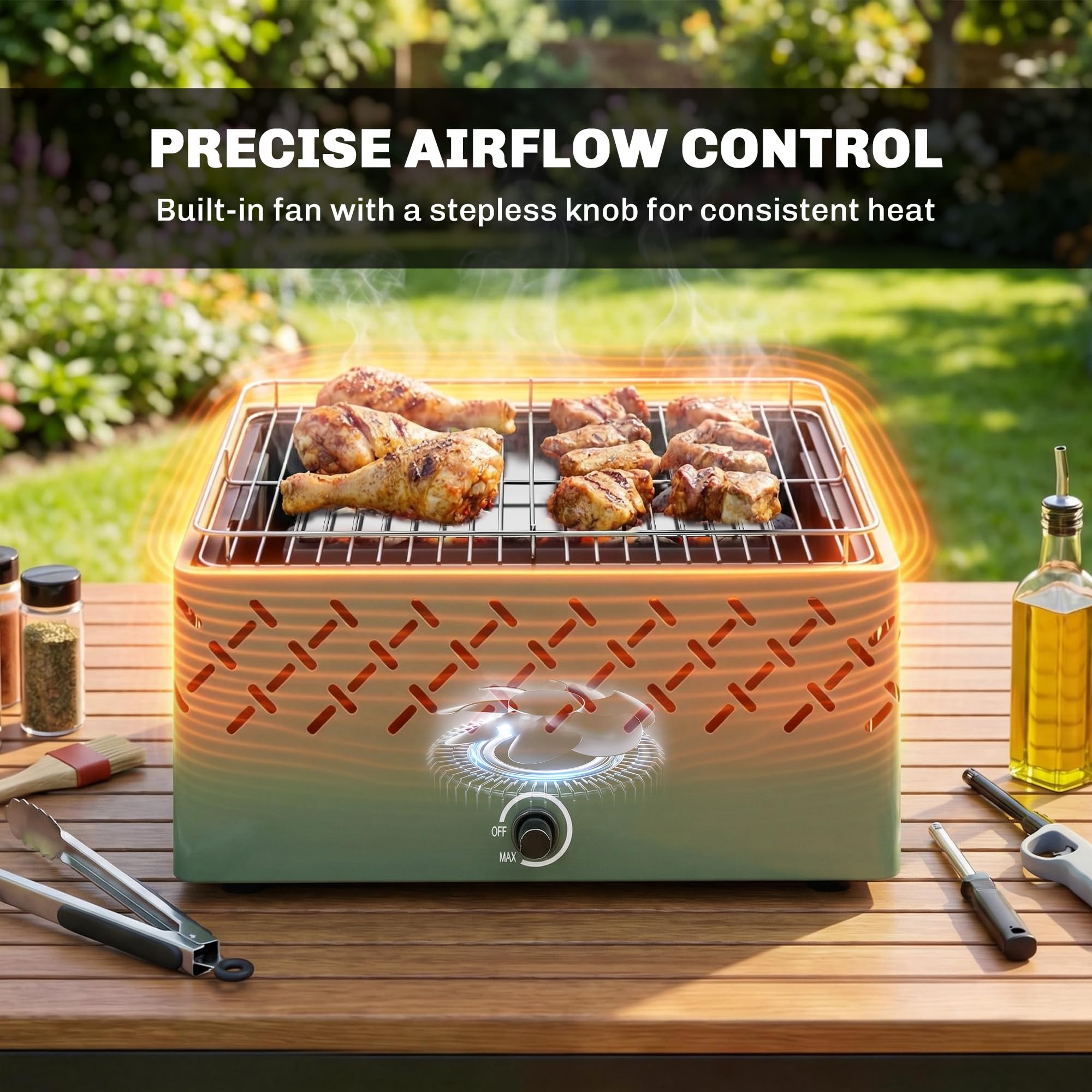 Outsunny Barbacoa de Carbón, Barbacoa Portátil, 45,5x29x21 cm, con Ventilador Integrado, Temperatura Ajustable y Bandeja de Carbón, para Camping, Picnic, Fiesta en Jardín, Verde Claro