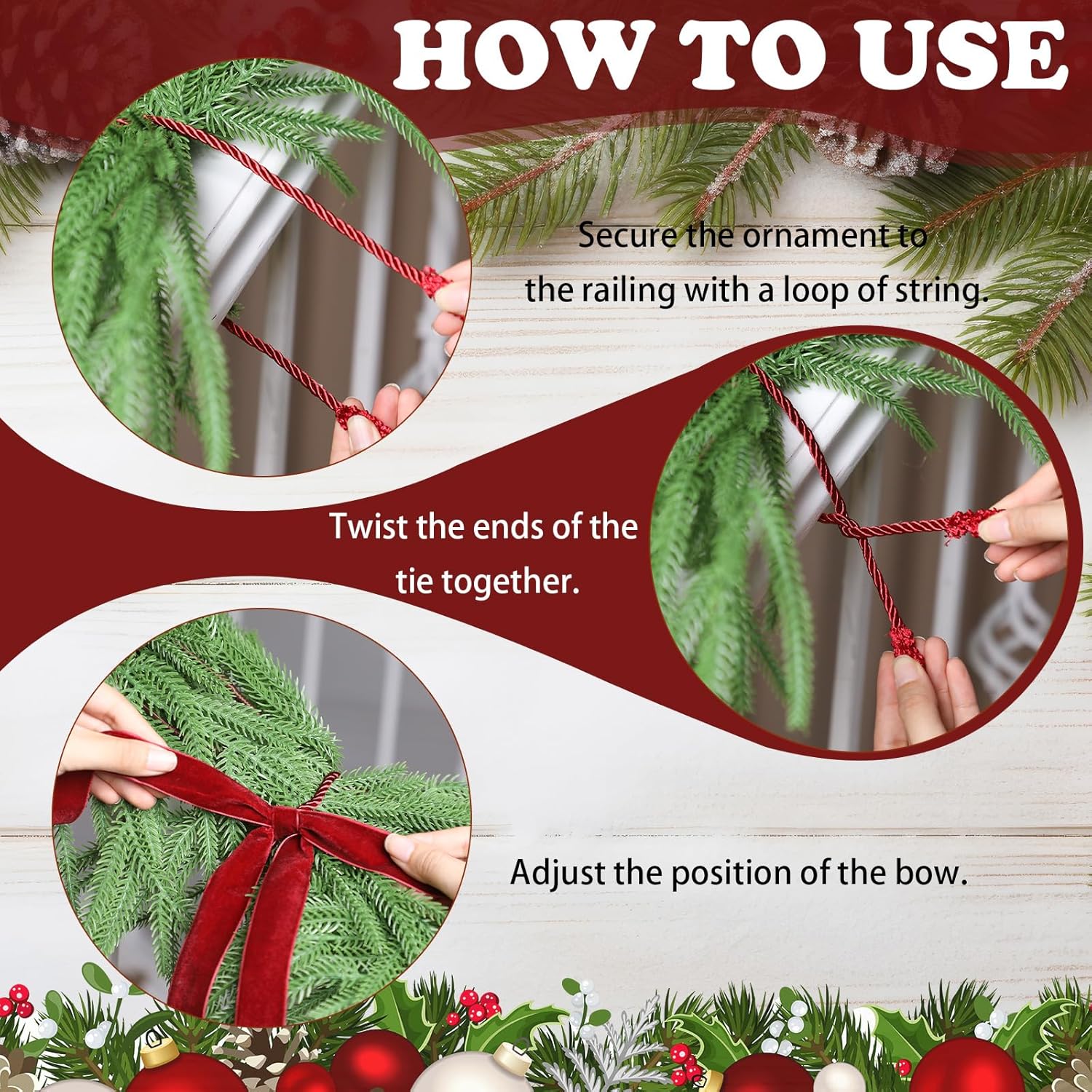 Dingion 16 Pcs Red Velvet Bow Christmas Garland Ties for Banister Xmas Swag Bow Ribbon Decor Stair Twist Ties Vintage Banister Wrap Railing Holder for Holiday Rail Socks Banner Rail Decor