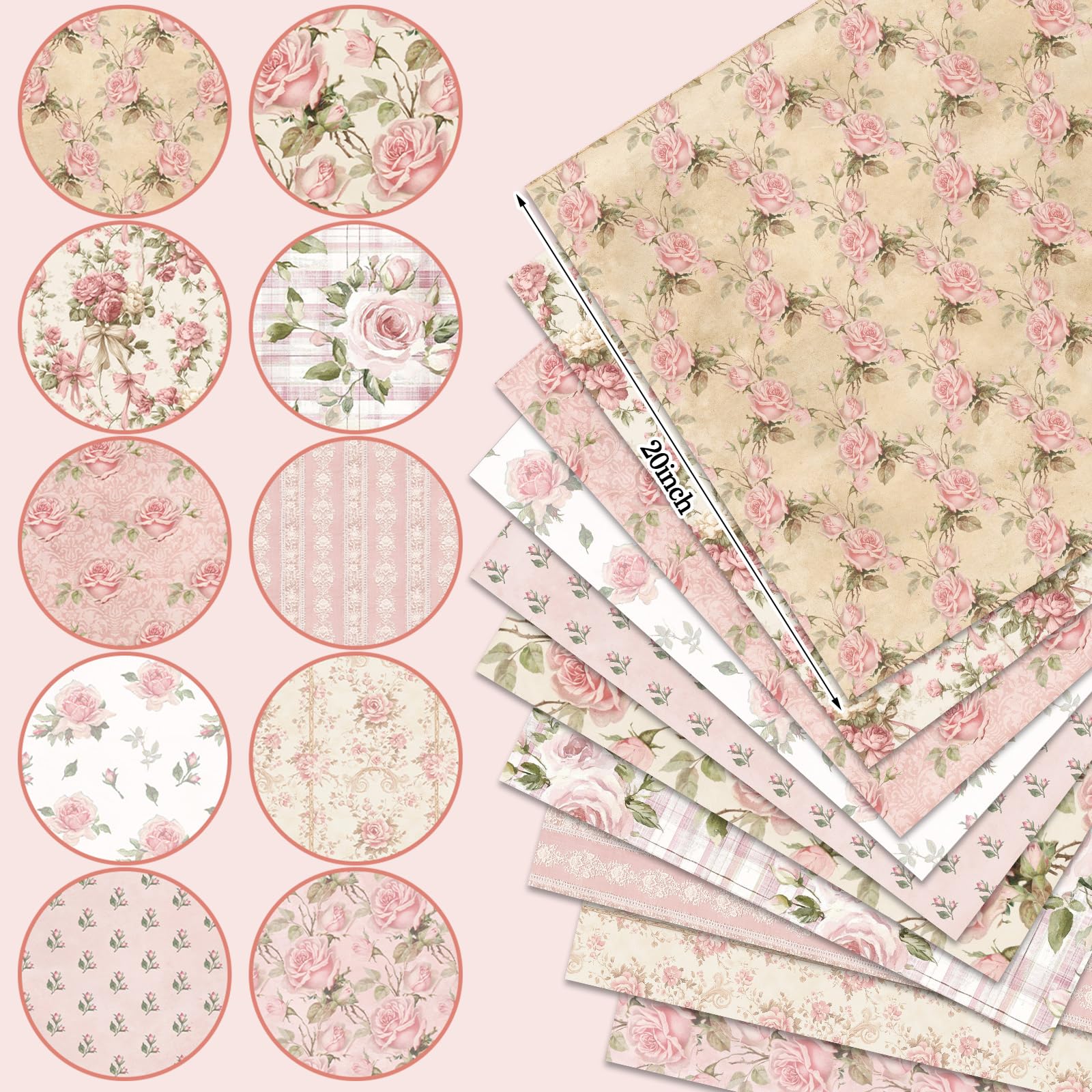 Tudomro 10 Pcs Pink Floral Fabric Squares Bundles 20 x 20 Inch Cotton Spring Retro Rose Quilting Fabric Vintage Flower Fat Quarters Printed Cloth Quilt Patchwork Material for Sewing DIY Craft Supply — view 3