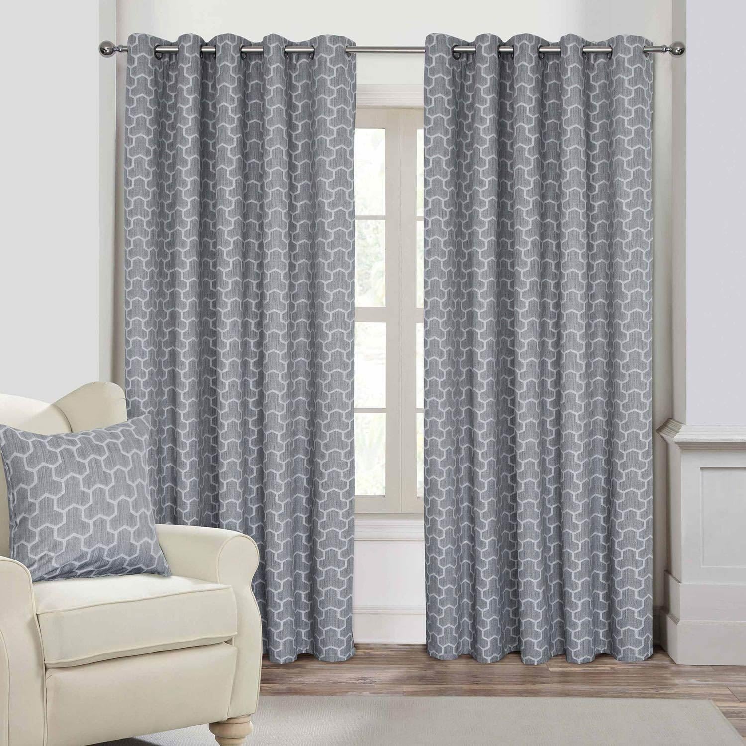 HOMESCAPES Grey Geometric Blackout Curtains Pair Width 167cm (66") x 137cm (54") Drop Genuine 3 Pass Blackout Lining Heavy Weight Jacquard Eyelet Curtain