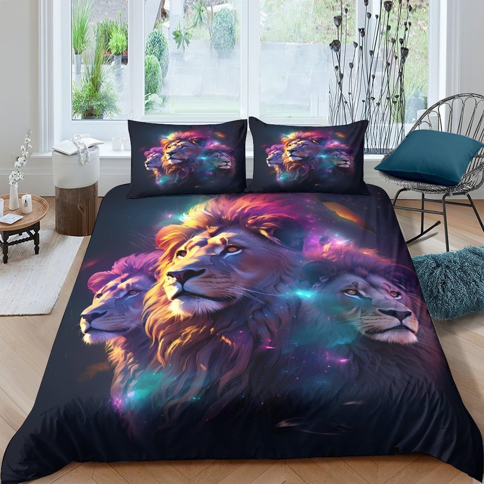 Ctjqhvkz Style-4 3D Printed Galaxy Lion Fitted Sheet Microfiber Soft Breathable Nebula Mattress Cover For Bedroom Home Decor Single（135X200cm）