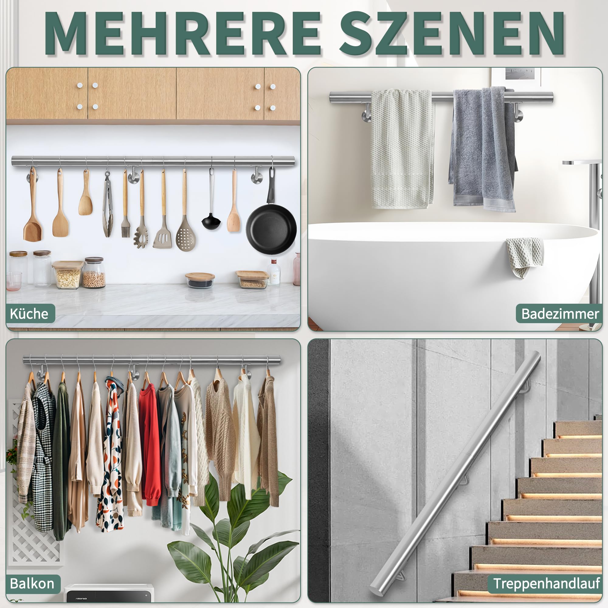 OUUTMEE - Corrimano in acciaio inox per scale da 150 cm, corrimano a parete con supporti, rotondo Ø 42 mm, corrimano interno ed esterno per soppalco, veranda, garage, terrazza