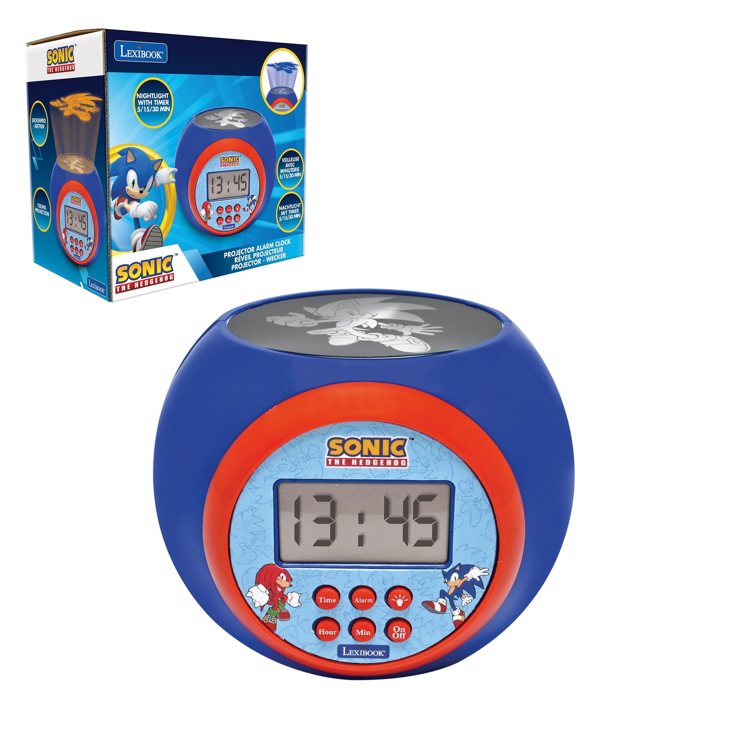 LEXIBOOK, Sonic The Hedgehog, Projector alarm clock with snooze function, night light with timer, LCD screen, battery-operated, Blue, RL977SNLXB