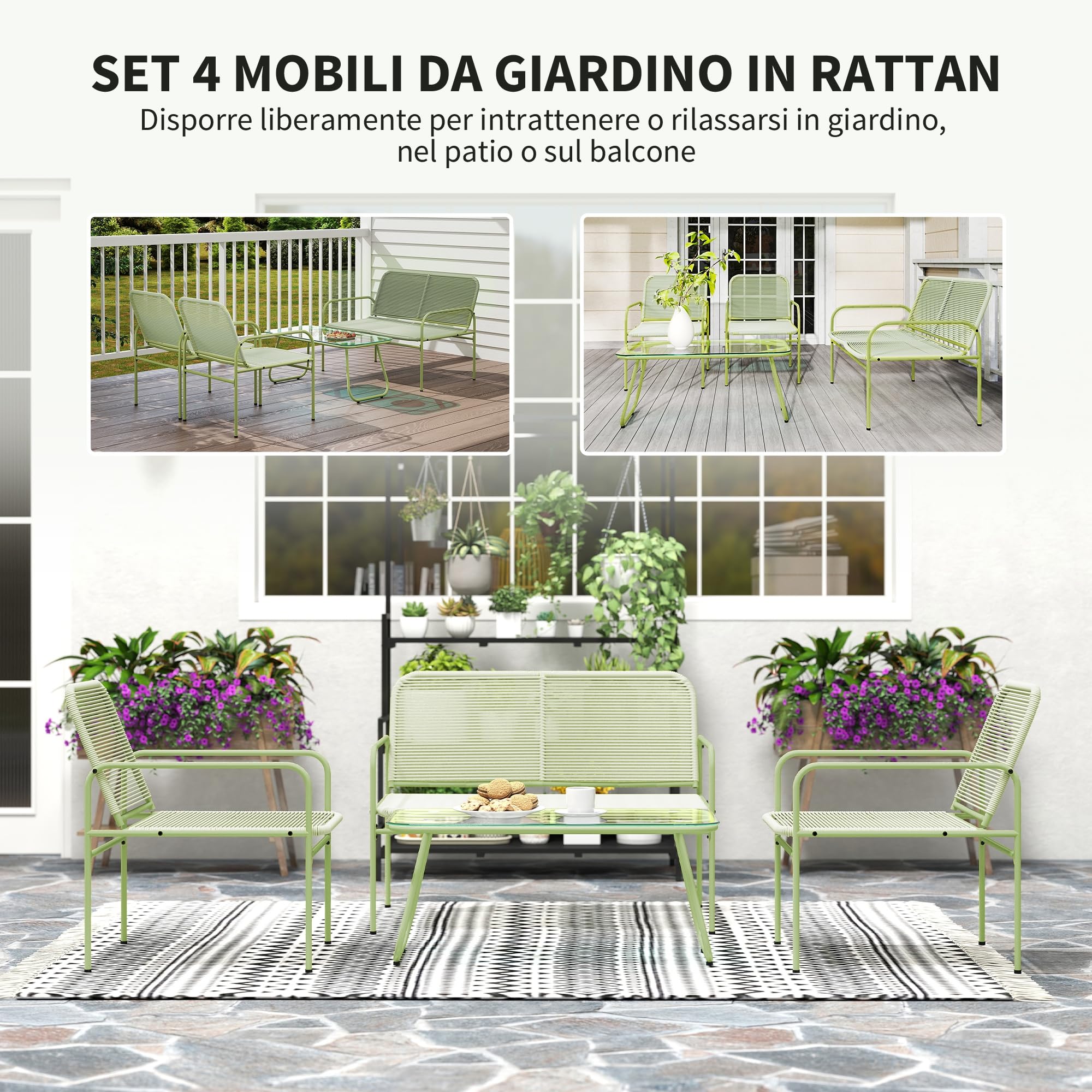 Outsunny Set Mobili Giardino Rattan 4 Pezzi Salotto Esterno Divanetto 2 Posti Poltrone Tavolino Caffè Vetro Verde