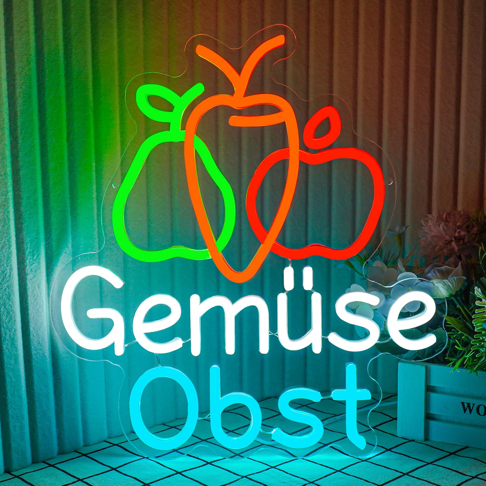 Flixyticy Gemüse Obst Neon Schild, Leuchtreklame, LED Leuchtschild Hängeschild Türschild USB-Betrieb mit dimmbarem Schalter für Supermarkt,Bioladen,Wochenmarkt,Späti (Gemüse Obst)