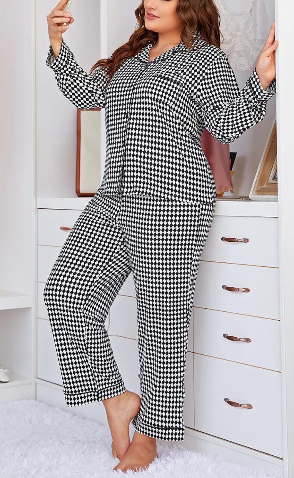 Ensembles De Pyjama Femme,Ensemble De Vêtements De Nuit À Manches Longues en Polyester À Treillis De Grande Taille pour Femme Pyjama Deux Pièces Doux Classique Décontracté Cadeau De Détente P
