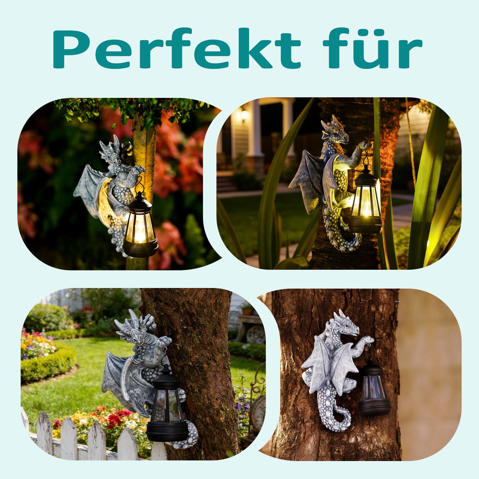 Yeomoo Drachen Figuren mit Solarlampen Baumstamm Gartendeko für Draußen: Lustige Drachen Gartenfiguren Deko mit LED Solar Lichterkette Aussen Geschenke für Männer/Frauen Garten Zaun Baum Zubehör Grau