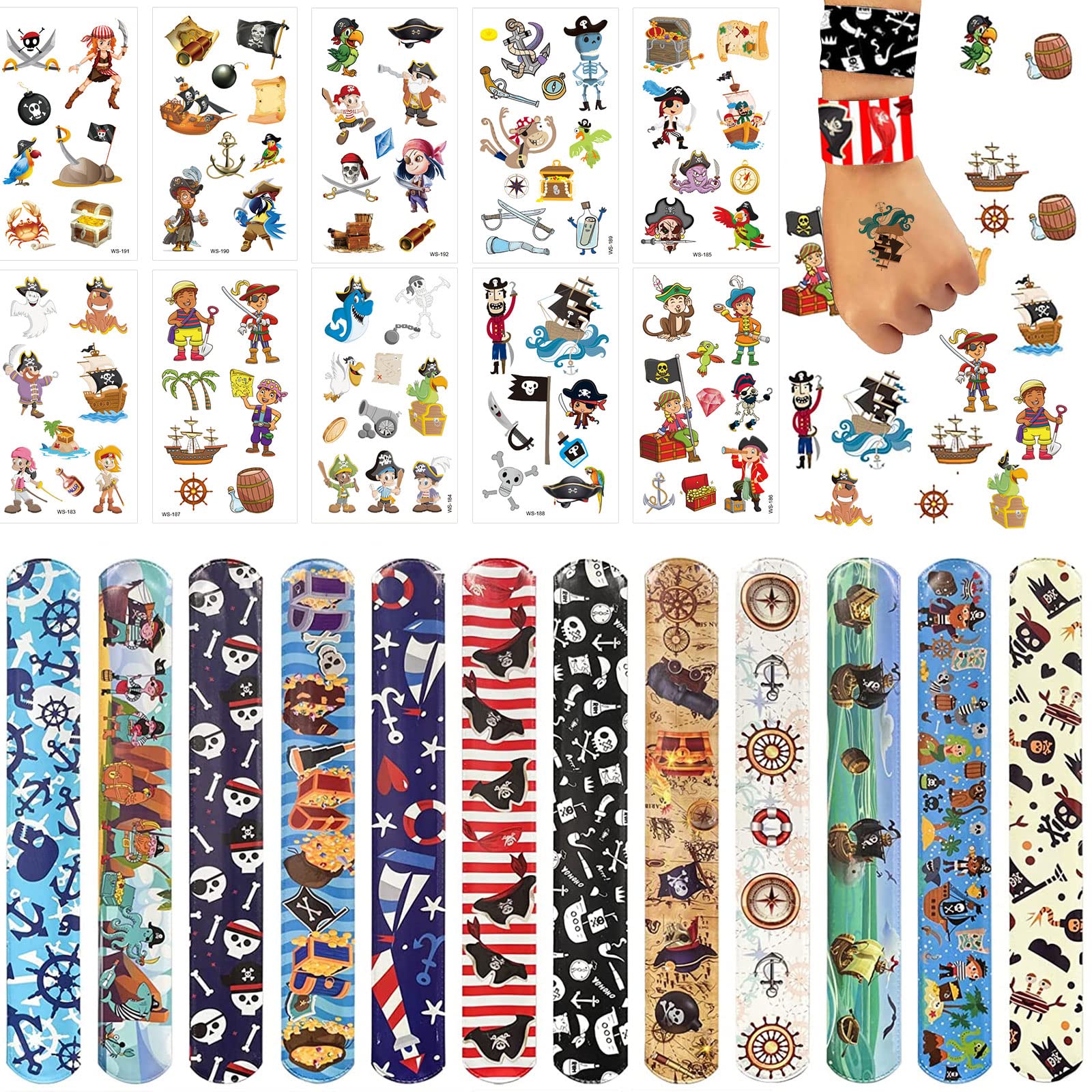 Lot de 22 accessoires de pirate - Bracelets de tatouage pour anniversaire enfant