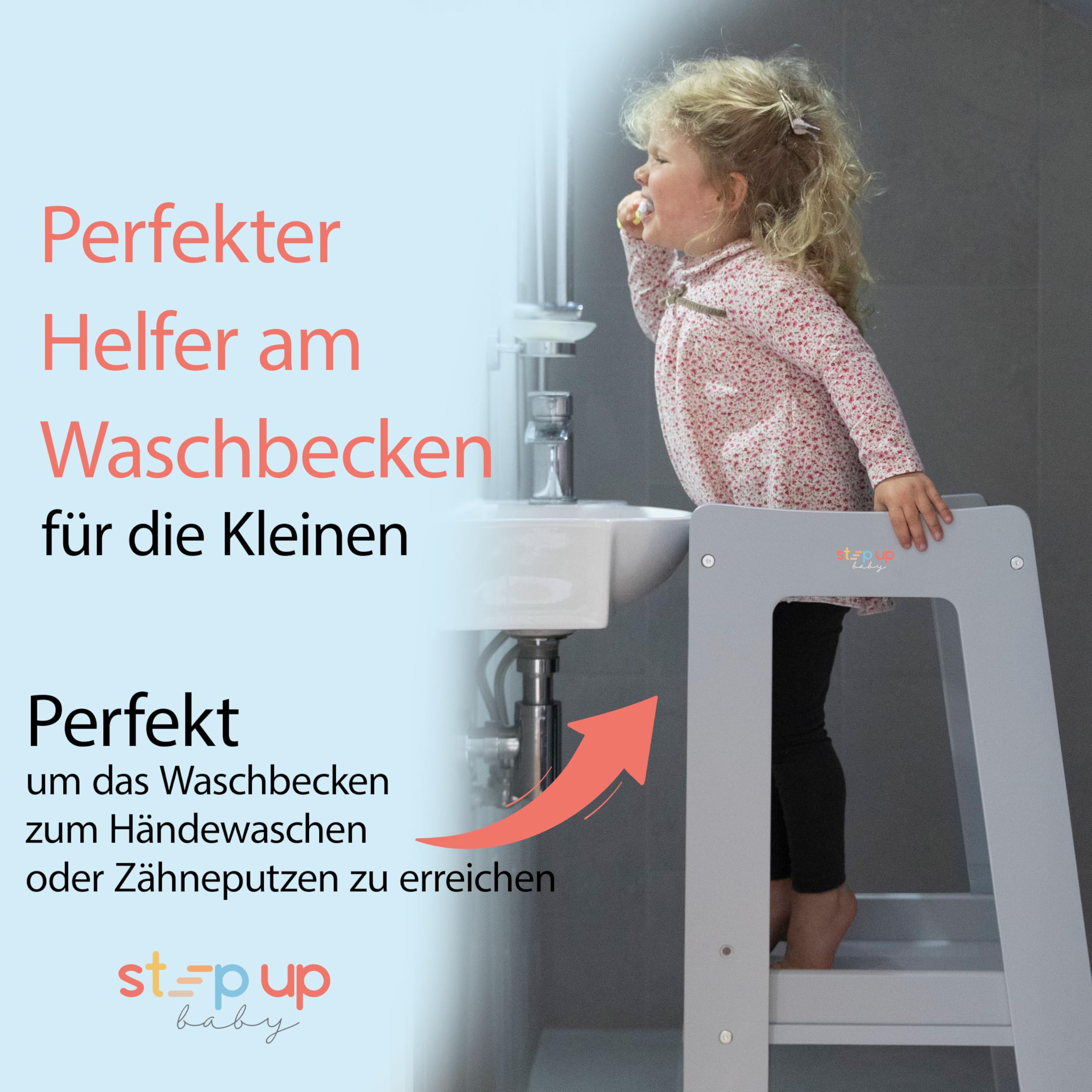 Stepup Baby Montessori Lernturm Tritthocker | Hochstuhl | Höhenverstellbar | Küchenhelfer | Sicherheitsgeländer | Für Kinder von 18 Monaten bis 5 Jahren - Grau
