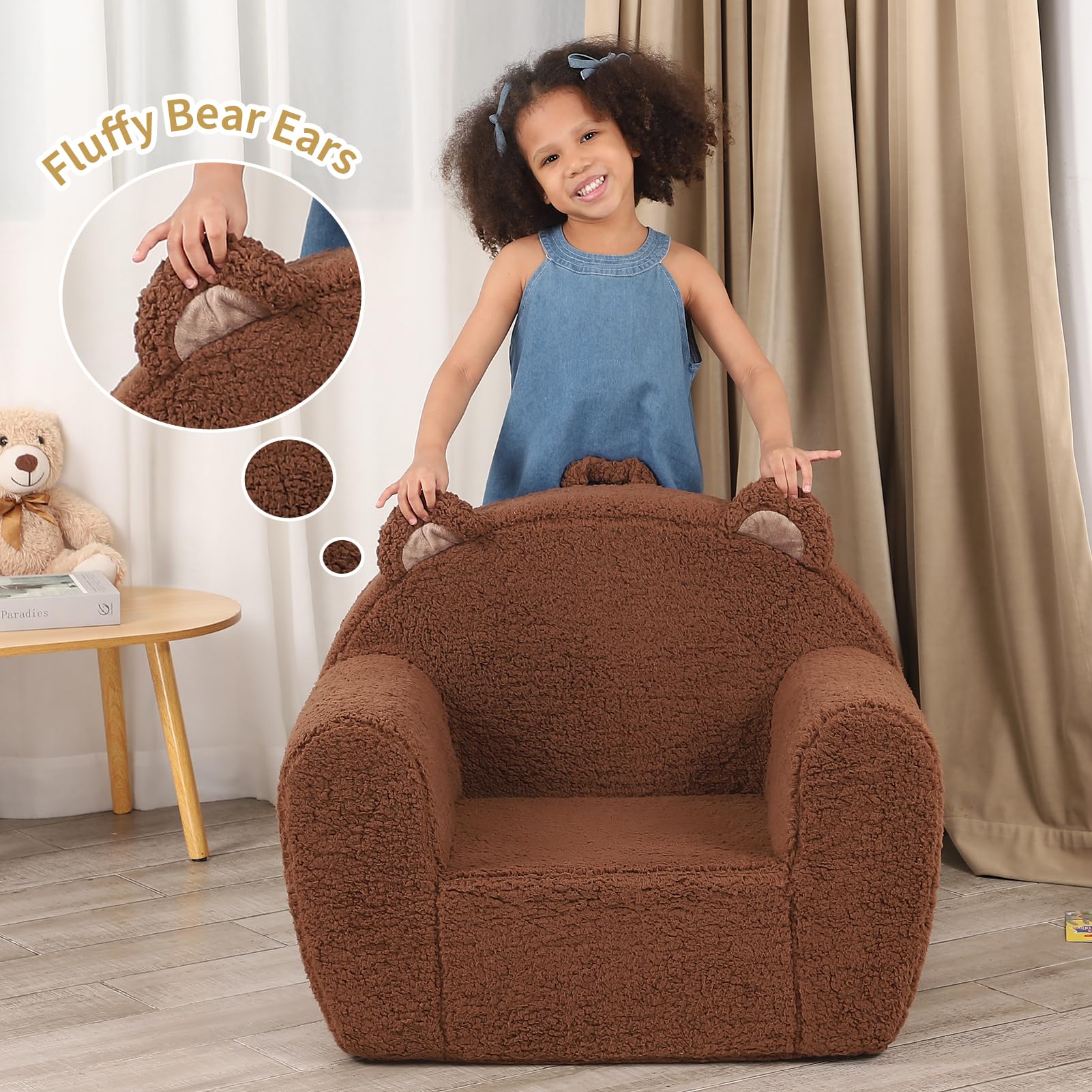MOMCAYWEX Comfy Toddler Chair, Cuddly Sherpa Teddy Bear Kids Sofa, High Back Kids Reading Chair for Boys and Girls, Brown