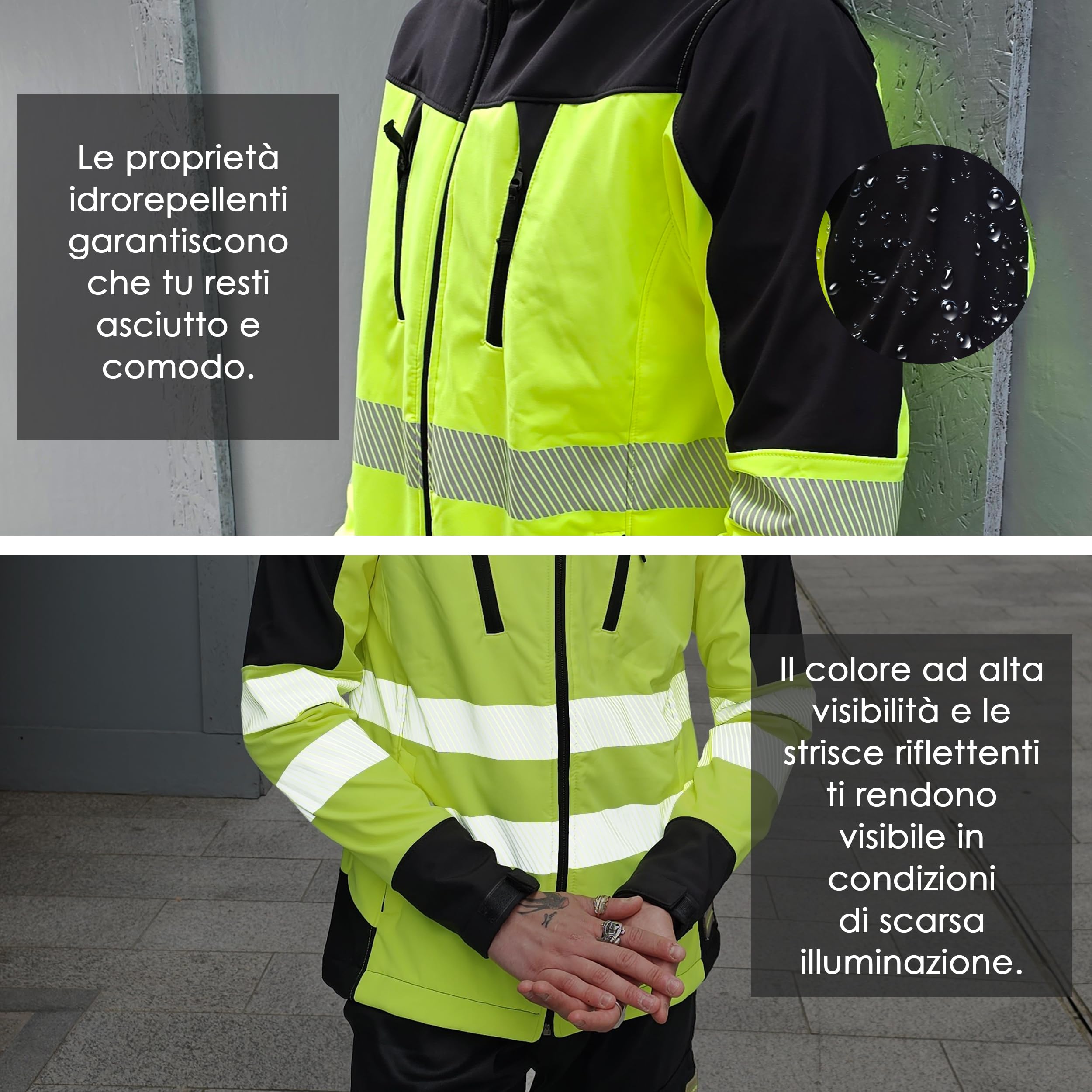 Giacca da lavoro da uomo ad alta visibilità, ad alta visibilità, ad alta visibilità, ad alta visibilità, con cappuccio, cappotto di sicurezza altamente visibile, giacca softshell, antivento,