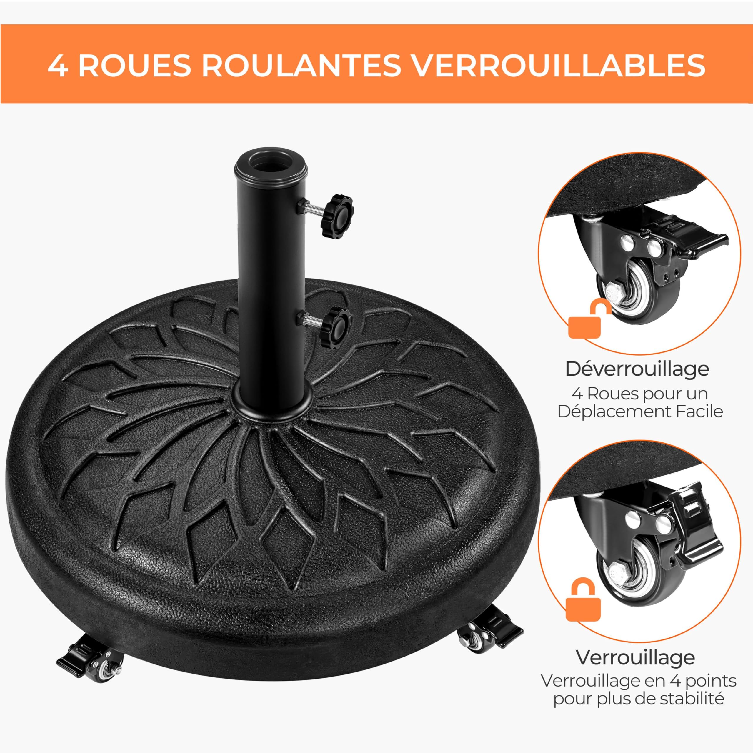 Abician Pied de Parasol Rond à roulettes 24,72 kg，Base de Parasol Standard en Résine pour Mât de Ø 34mm/38mm/48mm du Parasol, Patio Jardin Extérieur Marché Noir