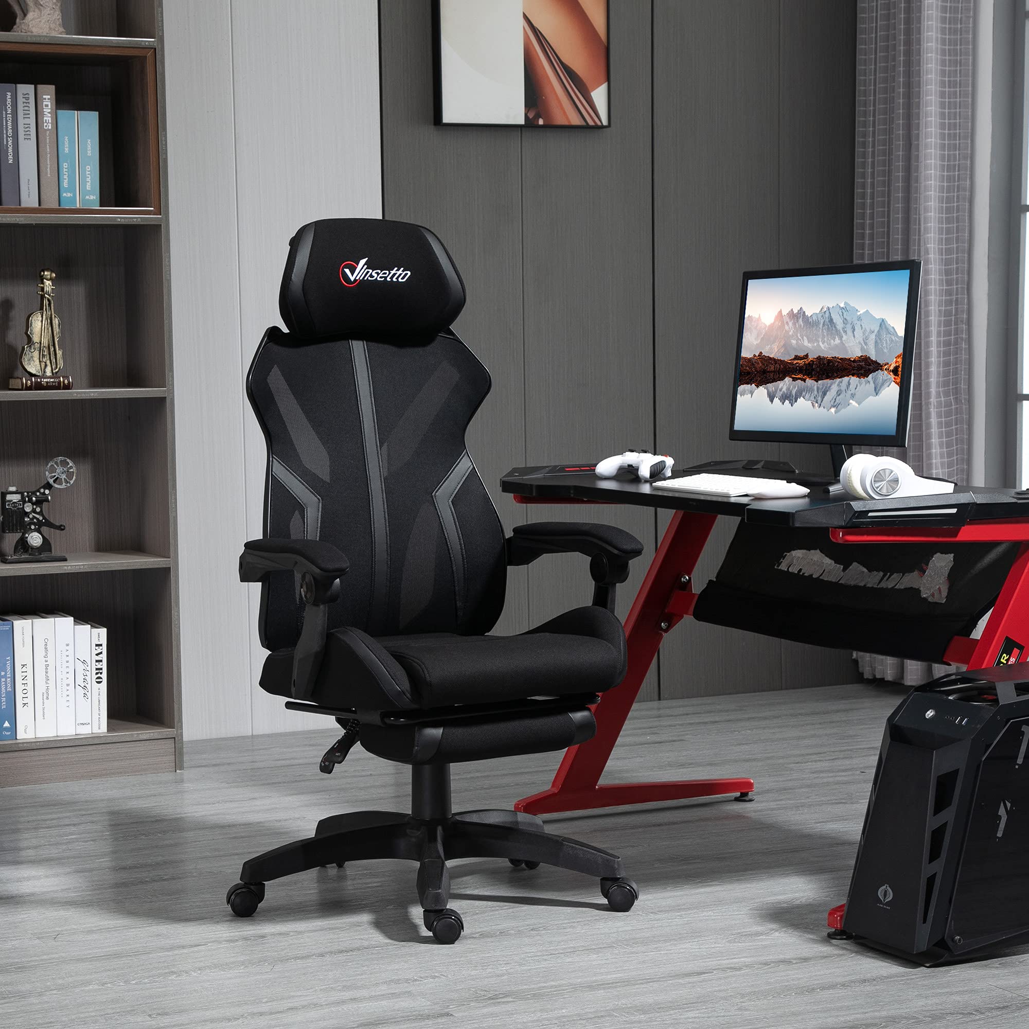 Vinsetto Silla Gaming con Reposapiés Retráctil 65x65x119-129 cm Negro | Silla de Oficina Giratoria Reclinable, con Reposacabezas, Altura Ajustable