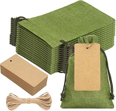 joycraft 24Pcs Green Burlap Gift Bags - 4x6In Drawstring Linen Pouches with Tags, Small Burlap Favor Bags for Jewelry, Candy, Chocolate, DIY craft