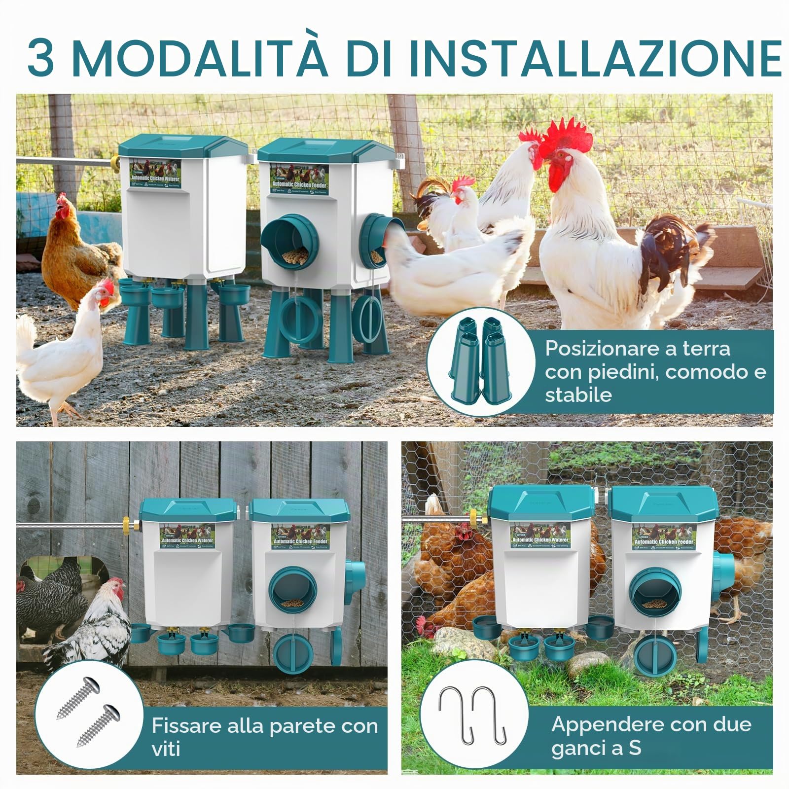 Abbeveratoio galline automatico 7 litri con piedini, galleggiante filtrato, tubo in acciaio inossidabile da 1,5 m, distributore automatico di acqua gallina, mangiatoia per galline anti nocivi