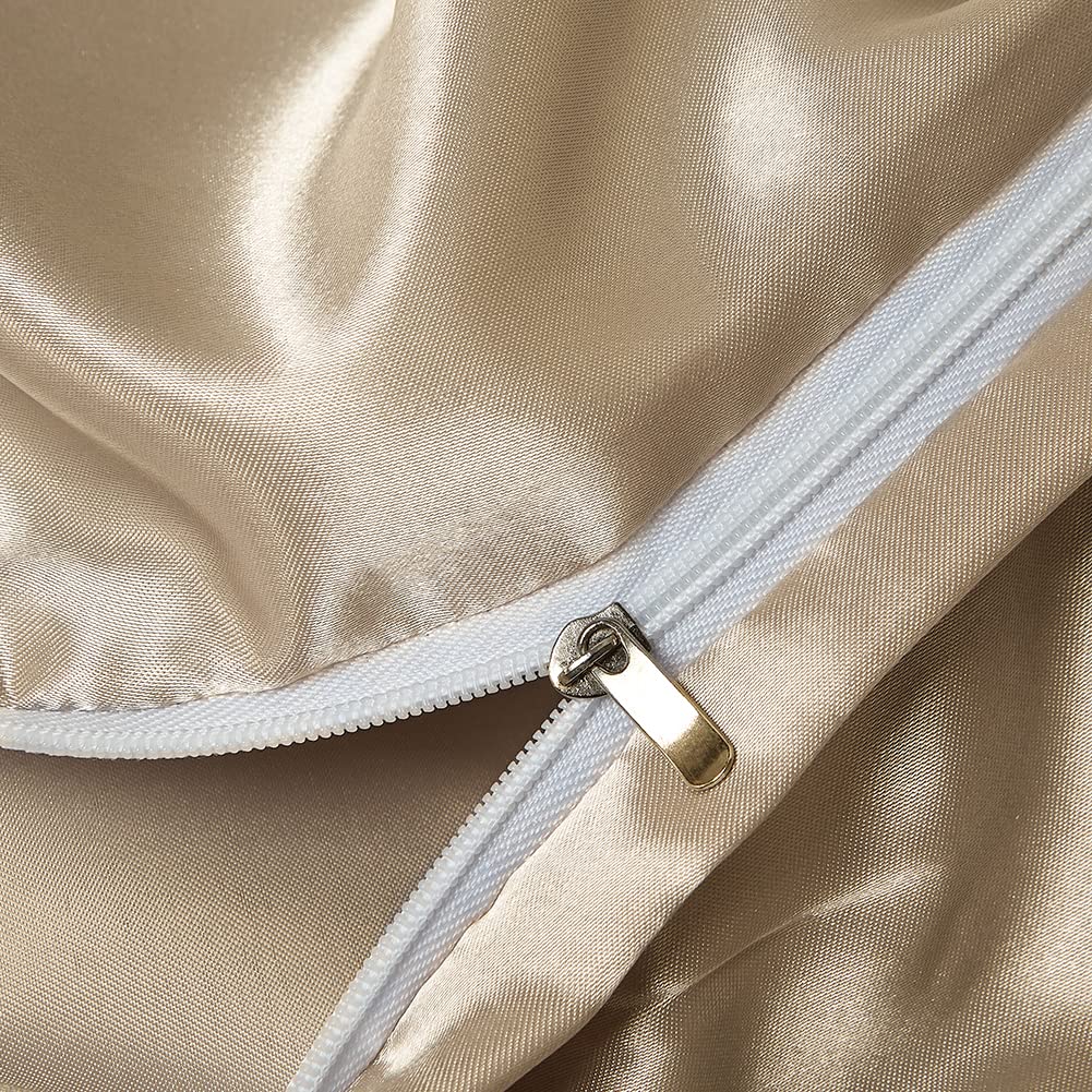 Housse de Couette Satin 220x240 Taupe avec 2 Taies d'oreiller 65x65 cm | Parure de Lit Adulte 2 Personnes, Satin de Soie Brillante, Linge de Lit, Fermeture Éclair