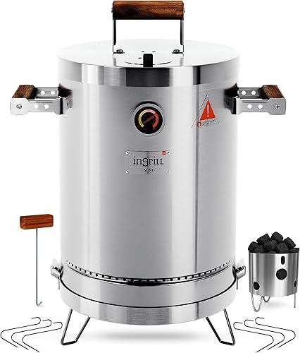 Parrillas de carbón - Mini básico de 6 libras - Ahumador de carbón ultraportátil de acero inoxidable 3 en 1 para exteriores, camping y barbacoa en