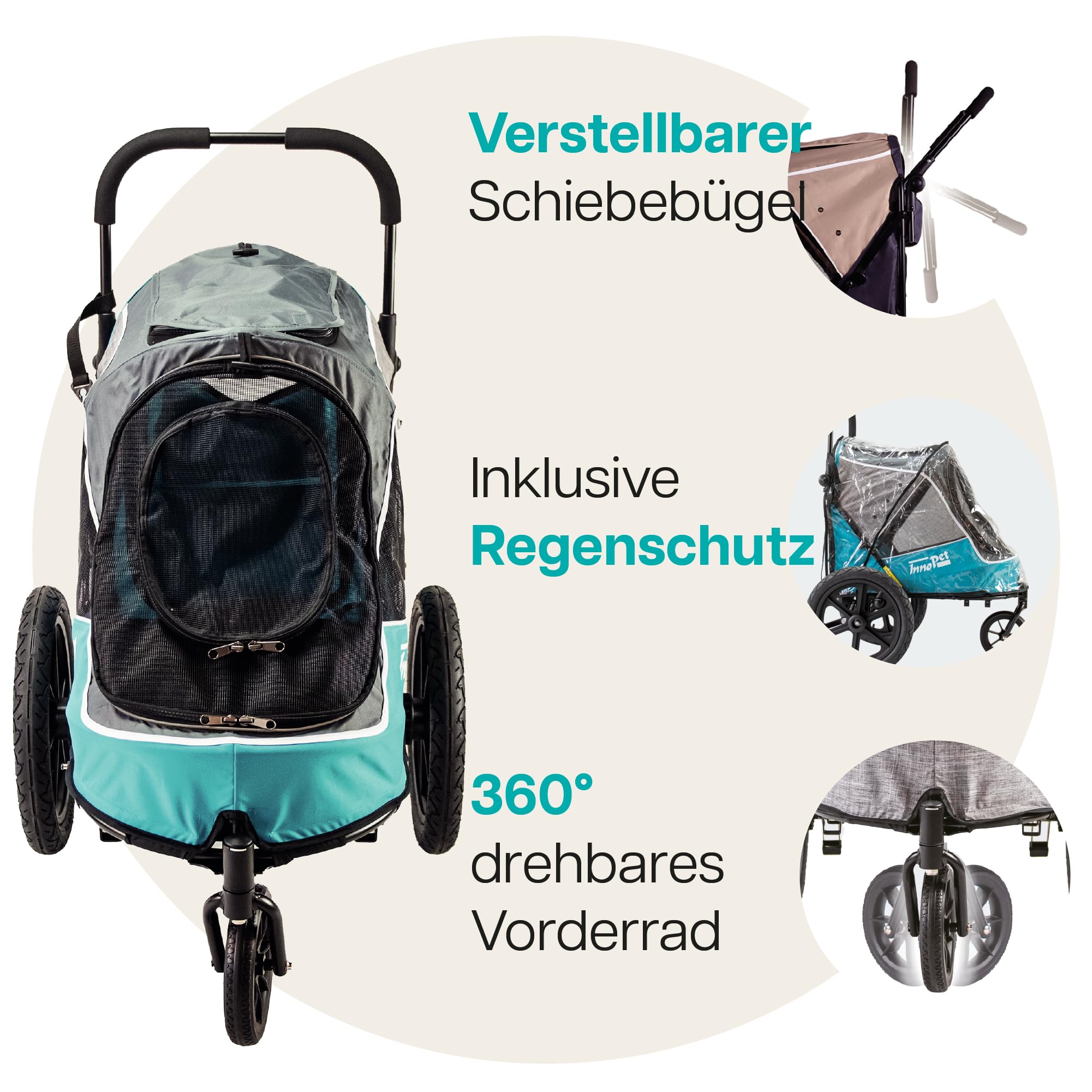 Hundebuggy & Hundeanhänger für Fahrrad - Innopet Sporty Evolution Ozeanblau - Blau/Grau, mit Regenschutz - mit Regenschutz, Deichsel & Fahrradkit, Faltbarer Hundewagen