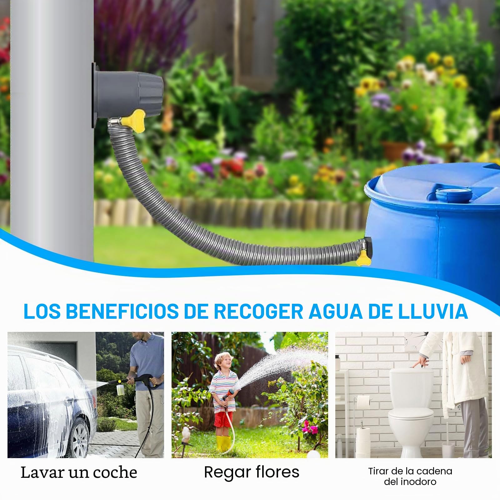 Juego de colector de lluvia, para bajante de 70 – 110 mm, colector de agua de lluvia con accesorios de montaje, incluye manguera de 1 m, filtro de bajada, conector de barril de lluvia,