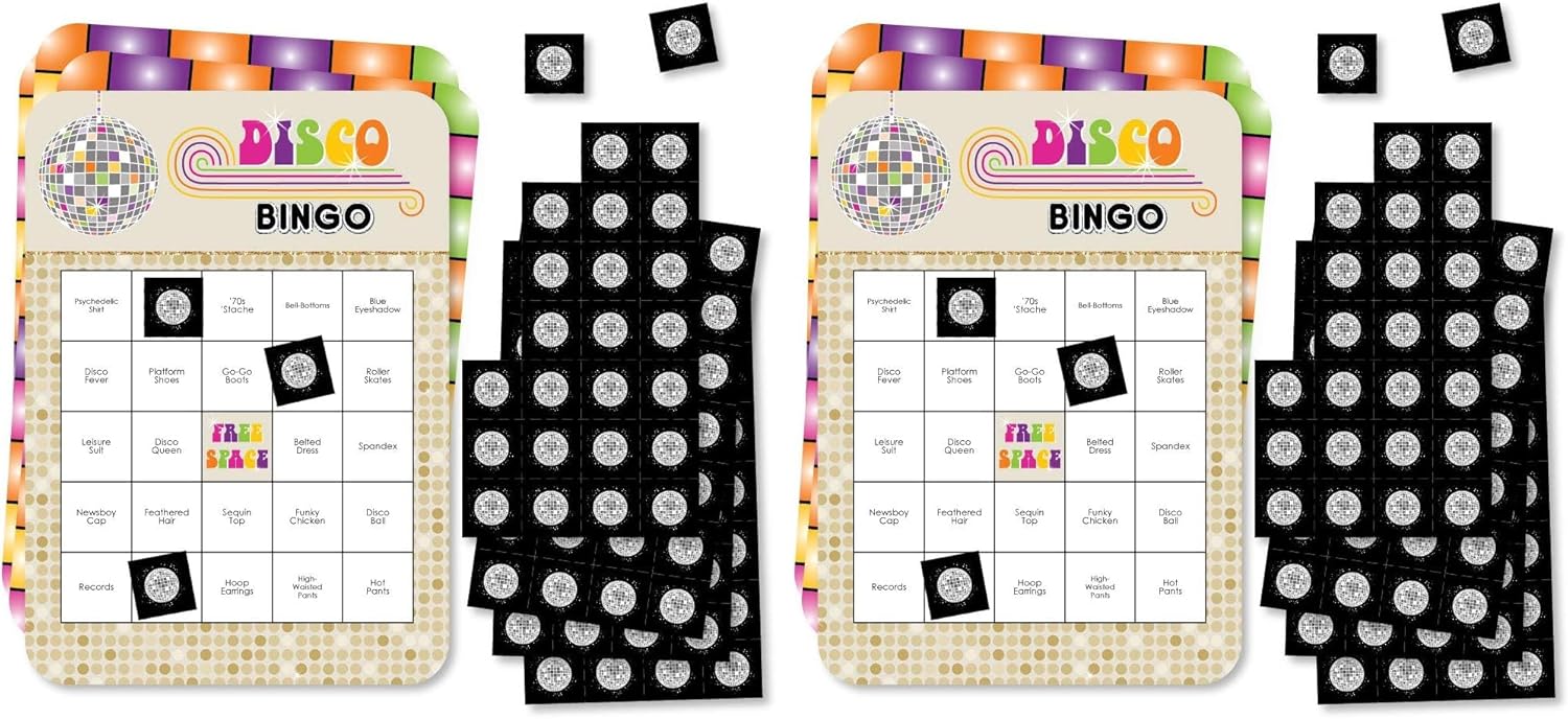 Big Dot of Happiness 70’s Disco - Bar Bingo Cards and Markers - 1970s Disco Fever Party Bingo Game - Set of 18 (Pack of 2)