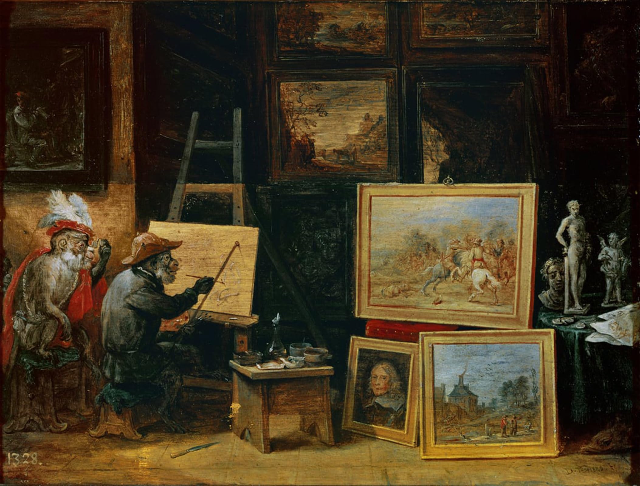 ARTXLXXBN Famous Print Painting Colorful Art Print the Monkey Painter by David Teniers the Younger Canvas Art Decorations for Home Decor 60x90cm