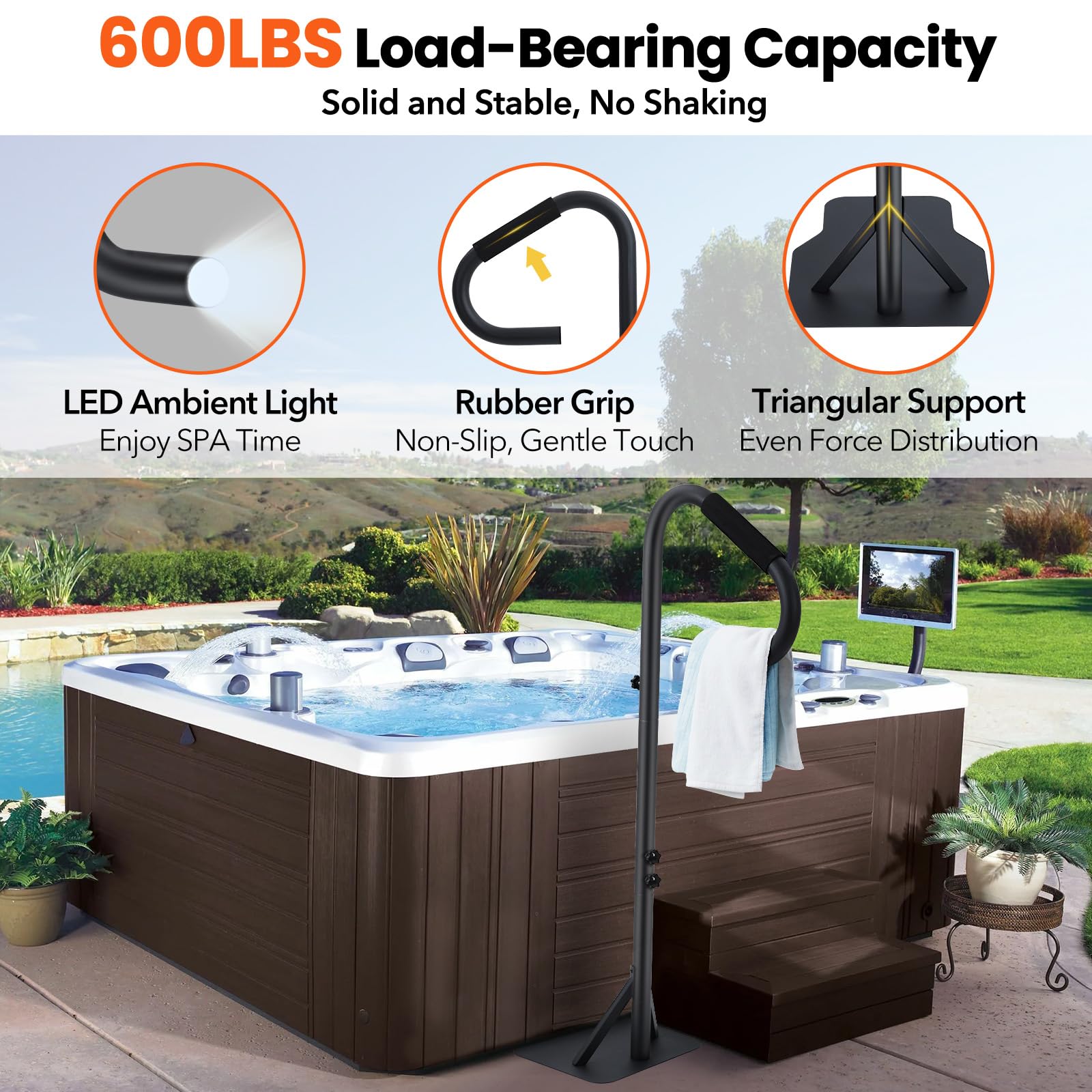 Zstar 360° drehbarer Handlauf für Whirlpools und Badewannen – höhenverstellbar, rutschfester Griff, stabiles Untergestell, mit LED-Licht, für Innen- & Außenbereich, bis 272 kg belastbar – Schwarz,