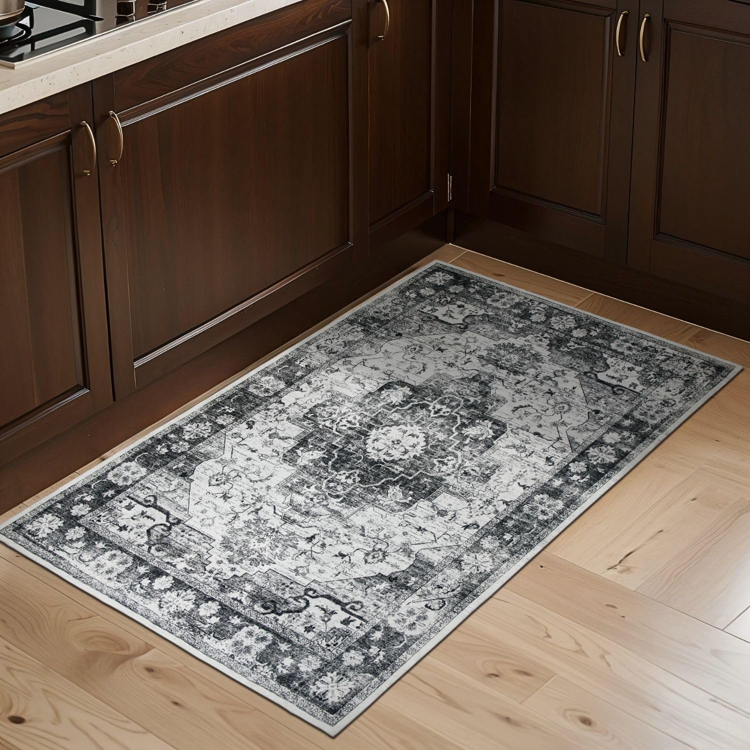 Syalife 4x6 Washable Area Rug, Ultra Soft Non-Slip, Low Pile, Stain Resistant Vintage Area Rug for Living Room,Boho Carpet for Bedroom, Dining Room, Office, Foldable Home Decor Rug, Black/White