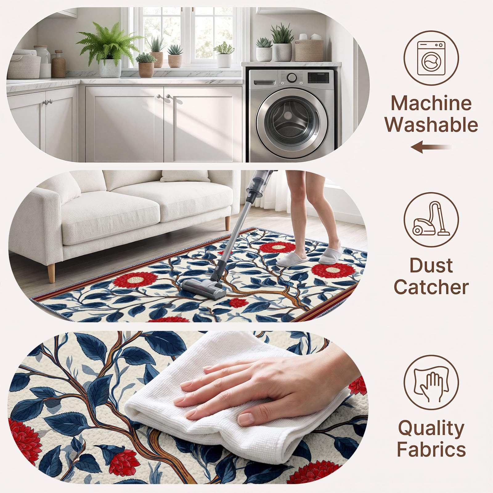 Generisch Zweig - Alfombra con diseño de flores, lavable a máquina, para salón, 200 x 300 cm, estilo barroco francés, clásica, suave pelo corto, parte trasera antideslizante, fácil de limpiar, para