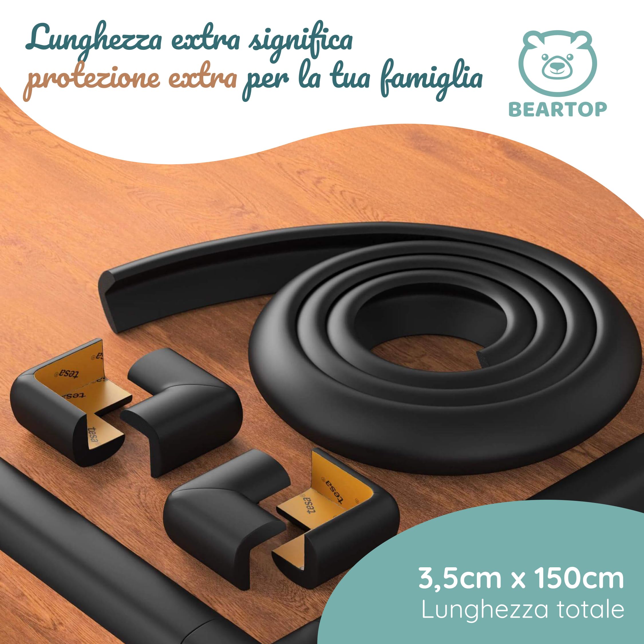 BEARTOP morbido paraspigoli | forte adesivo Tesa | protegge neonati, bambini e anziani | per tavoli, piani, cassettiere | paraspigoli autoadesivo per tavoli | nero