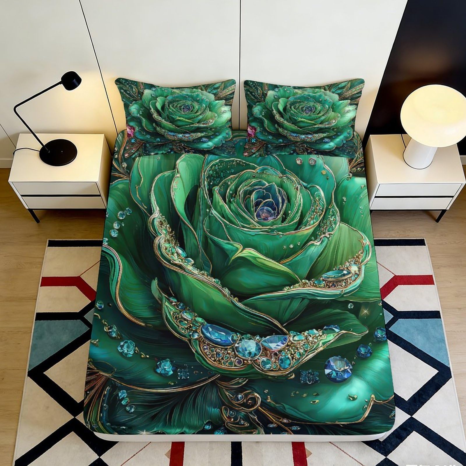 3D Printed Botanical Fitted Sheet Microfiber Deep Pocket Non-Slip Bedroom Bedding Botanical Mattress Fitted Cover for Adults Teens 180x200x25cm