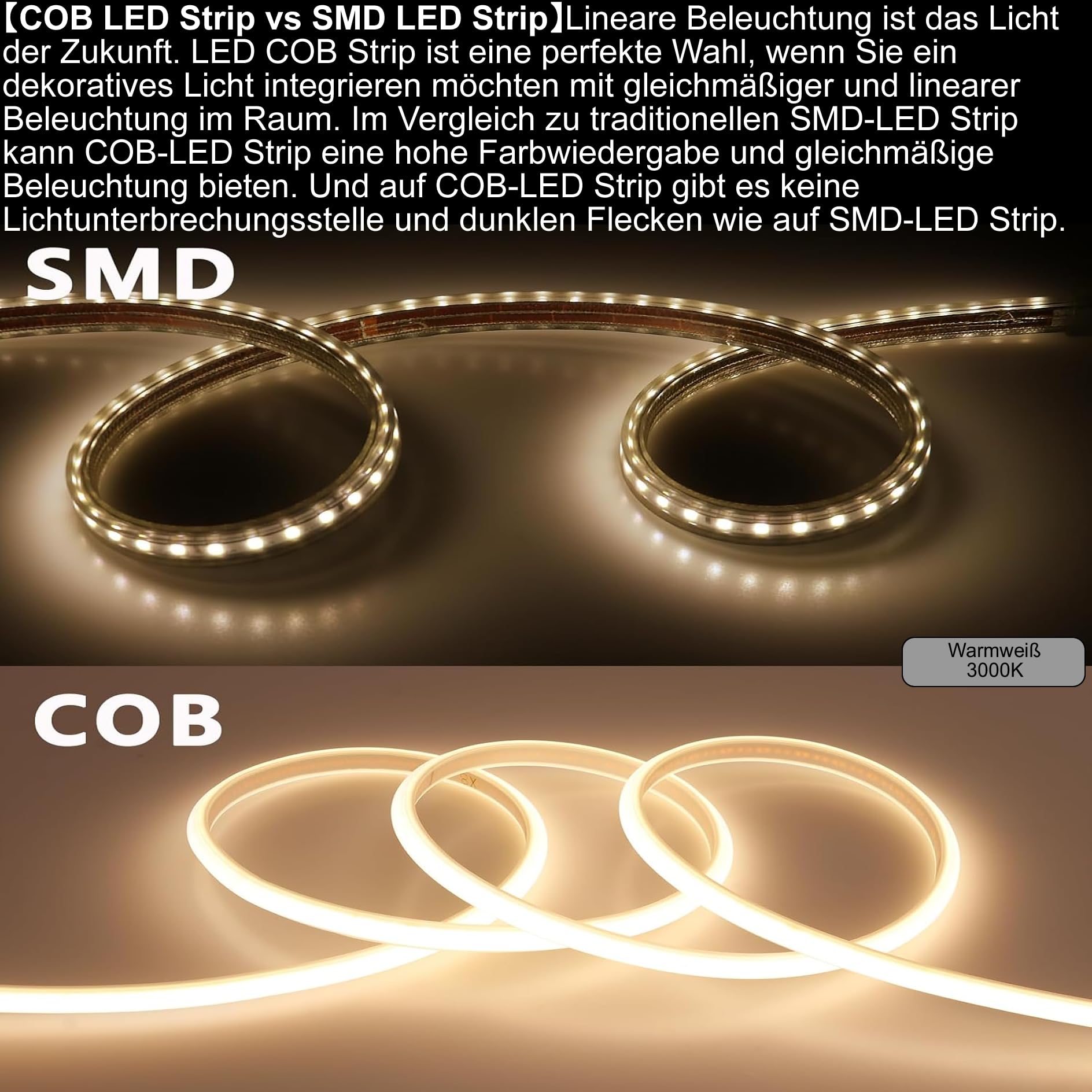 LED COB Strip Streifen (Teilmöglichkeit aller 10 cm) + IP20 Netzkabel mit Eurostecker. (10 Meter, Warmweiß, 240LEDs/M, mit Dimmer)