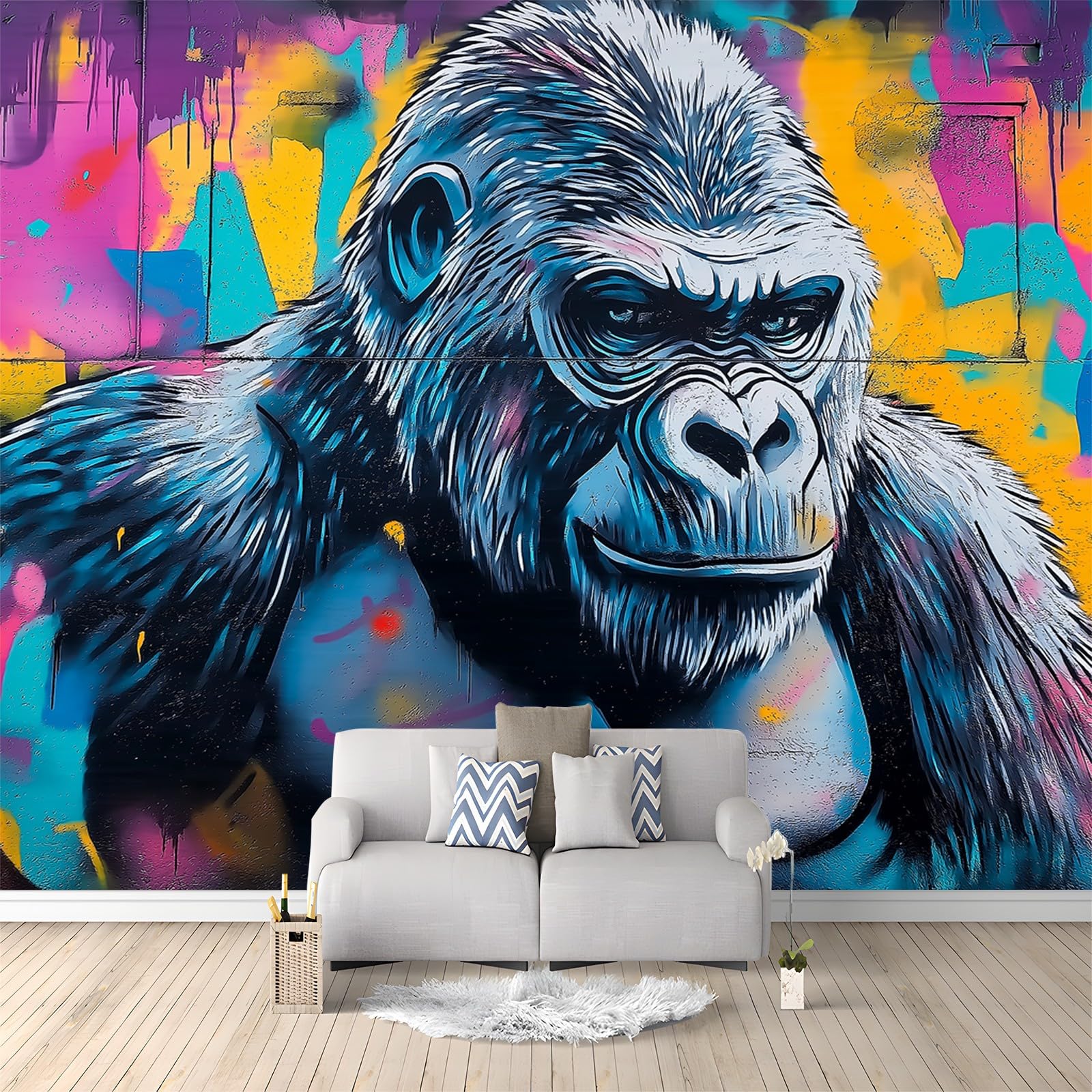 Photo Wallpaper Doodle Style Gorilla Non-Woven Mural Wallpaper 350 x 256 cm Wall Covering for Living Room and Bedroom Decoration Colorful Modern Mural Wallpaper for Children's Room