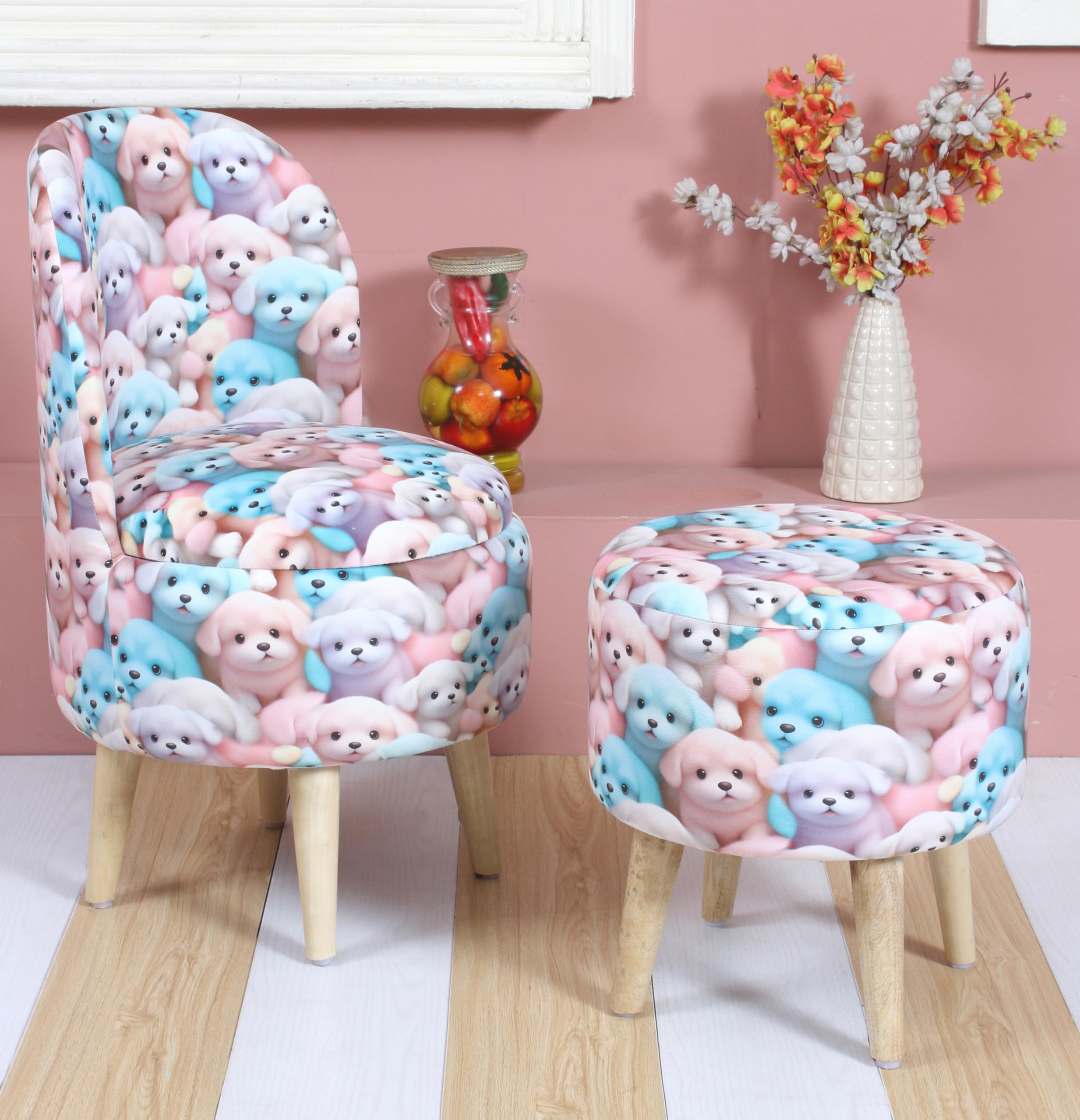 Sitting Solutions for Home – Wooden Frame Round Ottoman Chair, Soft Cushion Pouffes, Stools Ideal for Living Room, Study & Makeup Table, 32 Inch Height, Chair/Stool Set, Puppy Dog-image-40