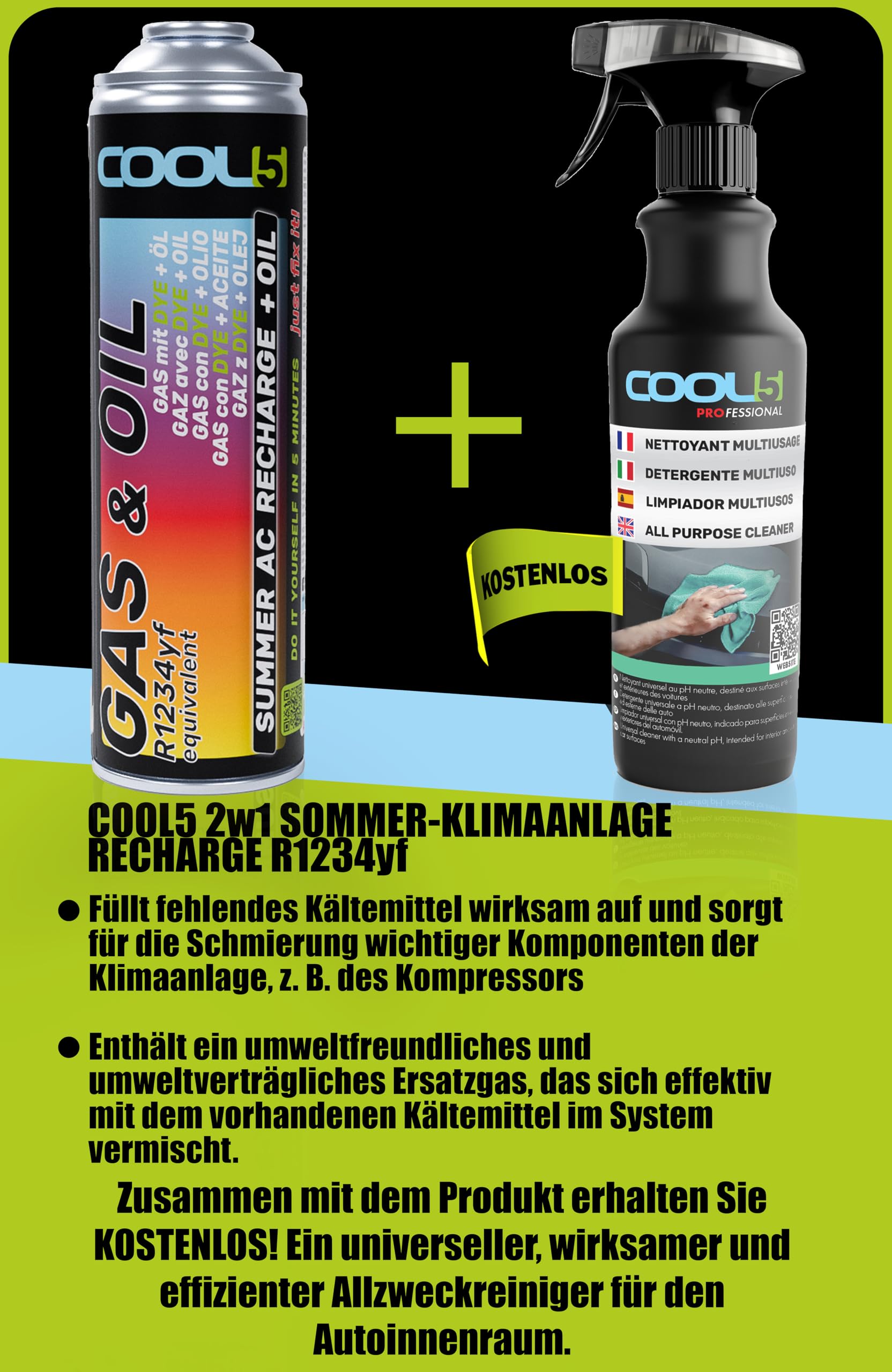 Ersatzkältemittel r1234yf für Autoklimaanlagen – 1 Dose 2in1, 290g + Druckleitung mit Manometer + Adapter