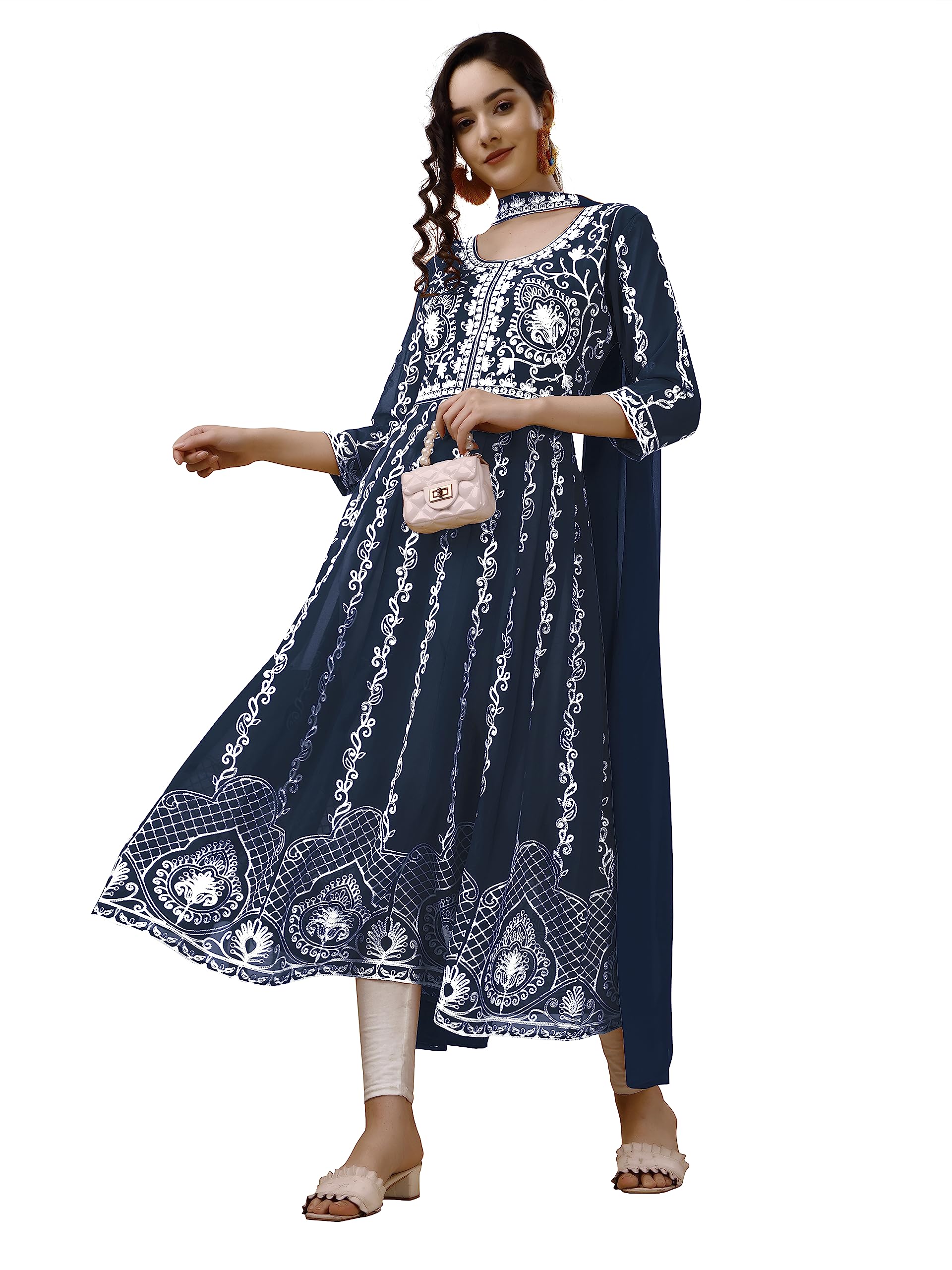 Women's Georgette Chikankari Embroidery Anarkali Kurta & Dupatta Set