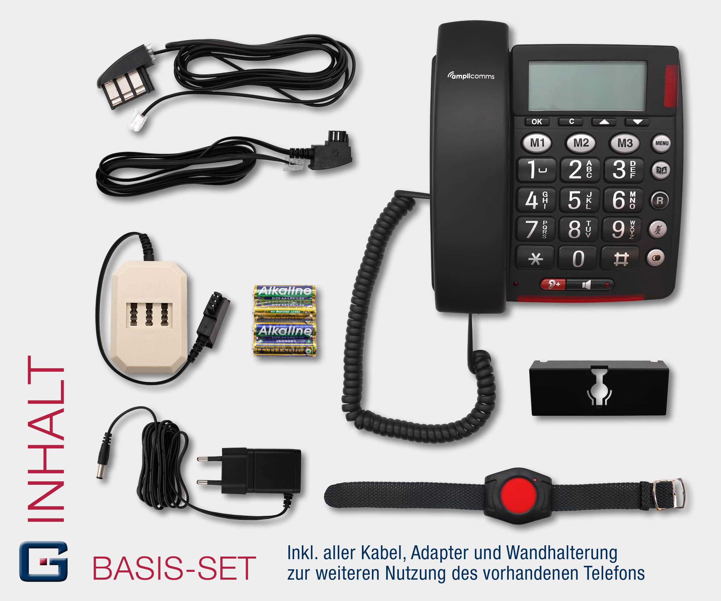 Model 2022/23 telefon dla seniorów telefon alarmowy dla seniorów z nadajnikiem radiowym SOS, przewodowy telefon stacjonarny, 1 nadajnik bransoletki, duże przyciski, kompatybilny z aparatami słuchowymi