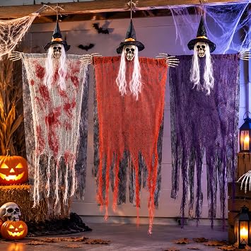3 Pack Hanging Halloween Skeleton Decorations,43 Inch Skull Witch Ghost Decor with Poseable Arms, Indoor Outdoor Hanging Decorations for Porch Yard Patio House Party