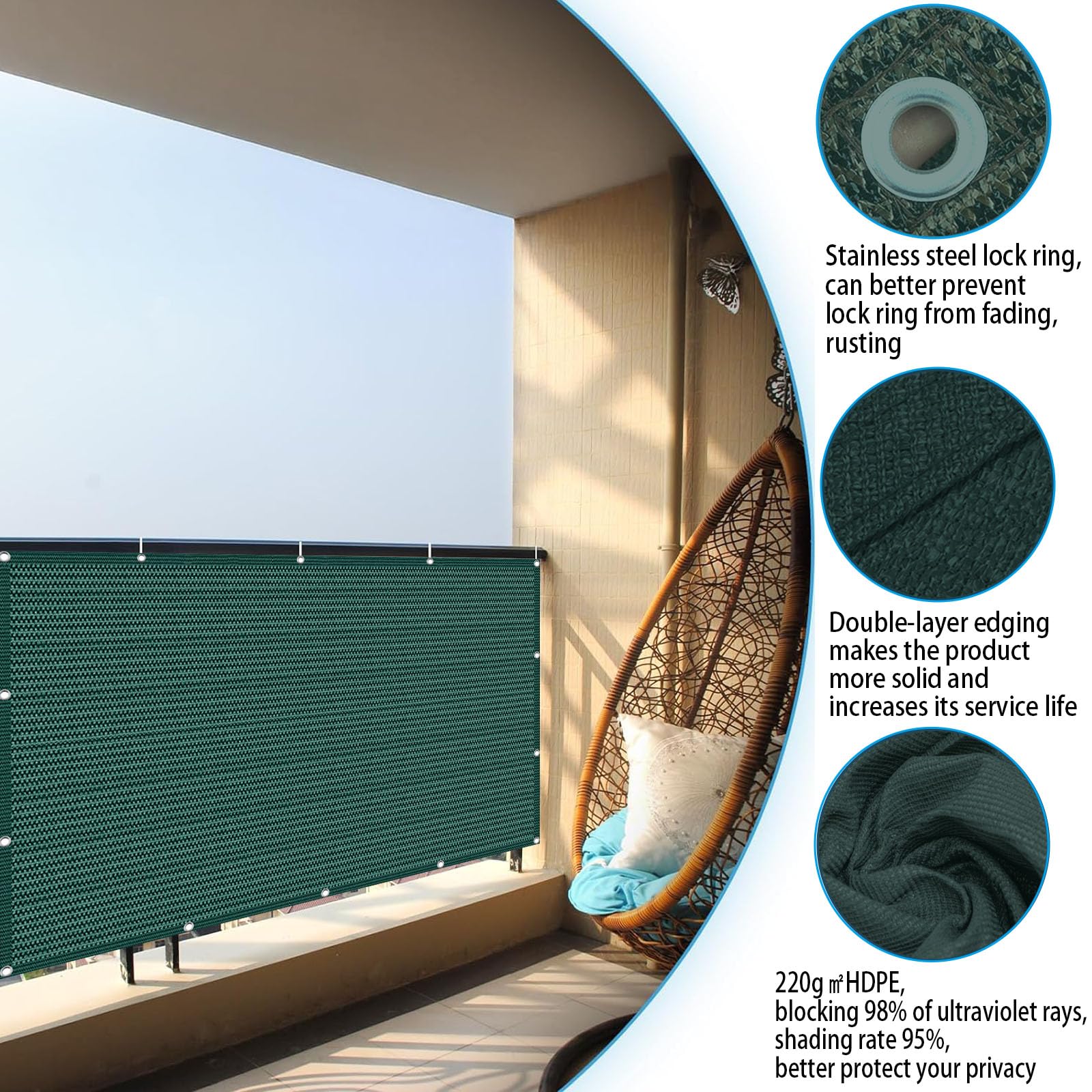 Rete Ombreggiante per Balcone 135 x 250 cm HDPE Protection UV Opaque Résistant Au Vent Vert Foncé