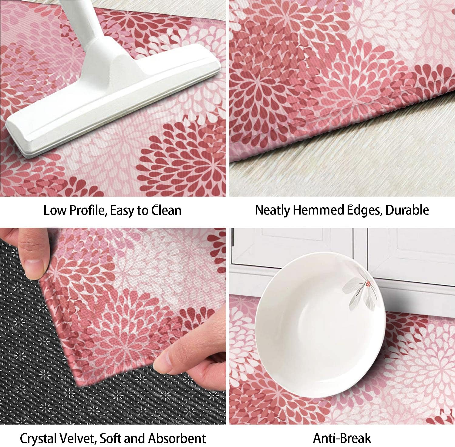 Pink Floral Kitchen Rug Mat Decor Sets of 2 Non-Slip Washable Pink Kitchen Mats for Floor 2 Piece
