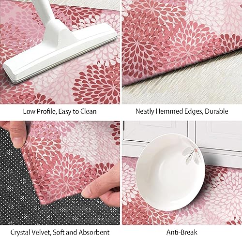 Miniatura 6 de Juego de 2 tapetes de cocina con diseño floral rosa, antideslizantes, lavables, color rosa, para piso, 2 piezas