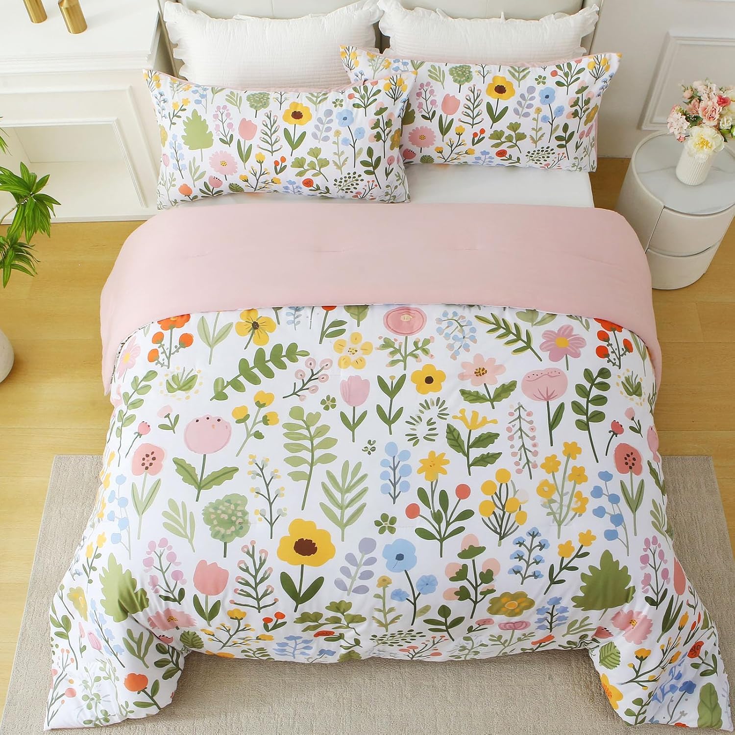 Queen Comforter Set Pink 3 Pieces Bed in a Bag, Colorful Floral Bedding Sets Elegant Botanical Bed Set, Lightweight Soft Comforter with 2 Pillowcases for All Season