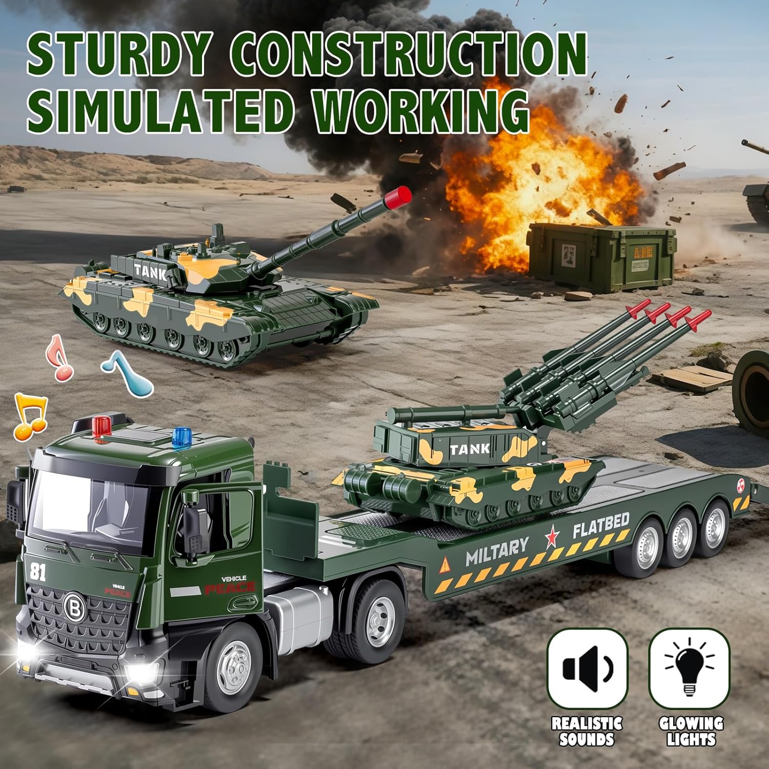 Green Military Big Truck Set Metal Cab, Semi Truck with Trailer, Tank, Missile Tank, Die-cast Army Vehicles Toys with Lights & Sounds, Ideal Gift for 3 4 5 6 7 Years Old Boys Kids Toddlers