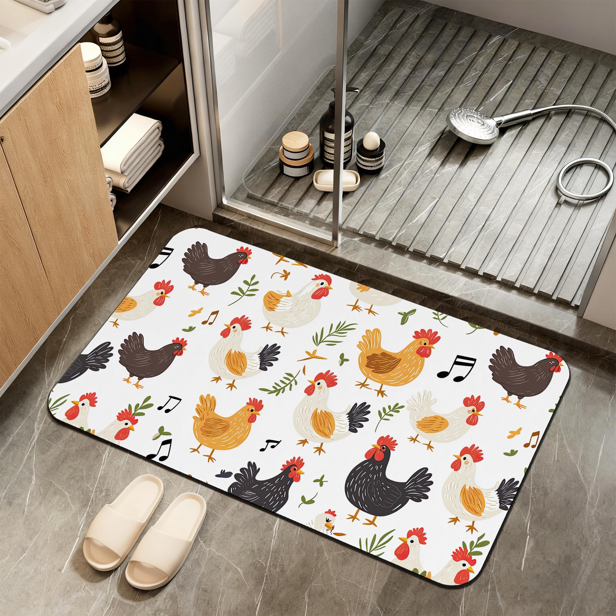 Non Slip Bath Mat, Chickens Roosters Bathroom Decor, Leaves Music Notes Diatomaceous Bath Mat Quick Dry Absorbent Bathroom Rugs-Shower Rug for Kitchen Laundry Bathtub Shower 17"x29.5"