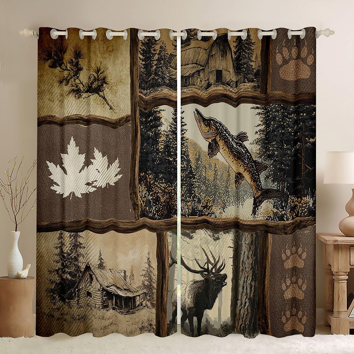 Homewish Zasłony okienne do wędkowania i polowania, 117 x 183 cm, 2 zestawy paneli - wędkarskie rustykalne zasłony zaciemniające patchworkowe dzikie zwierzęta nadruk zasłony okienne zasłony męskie
