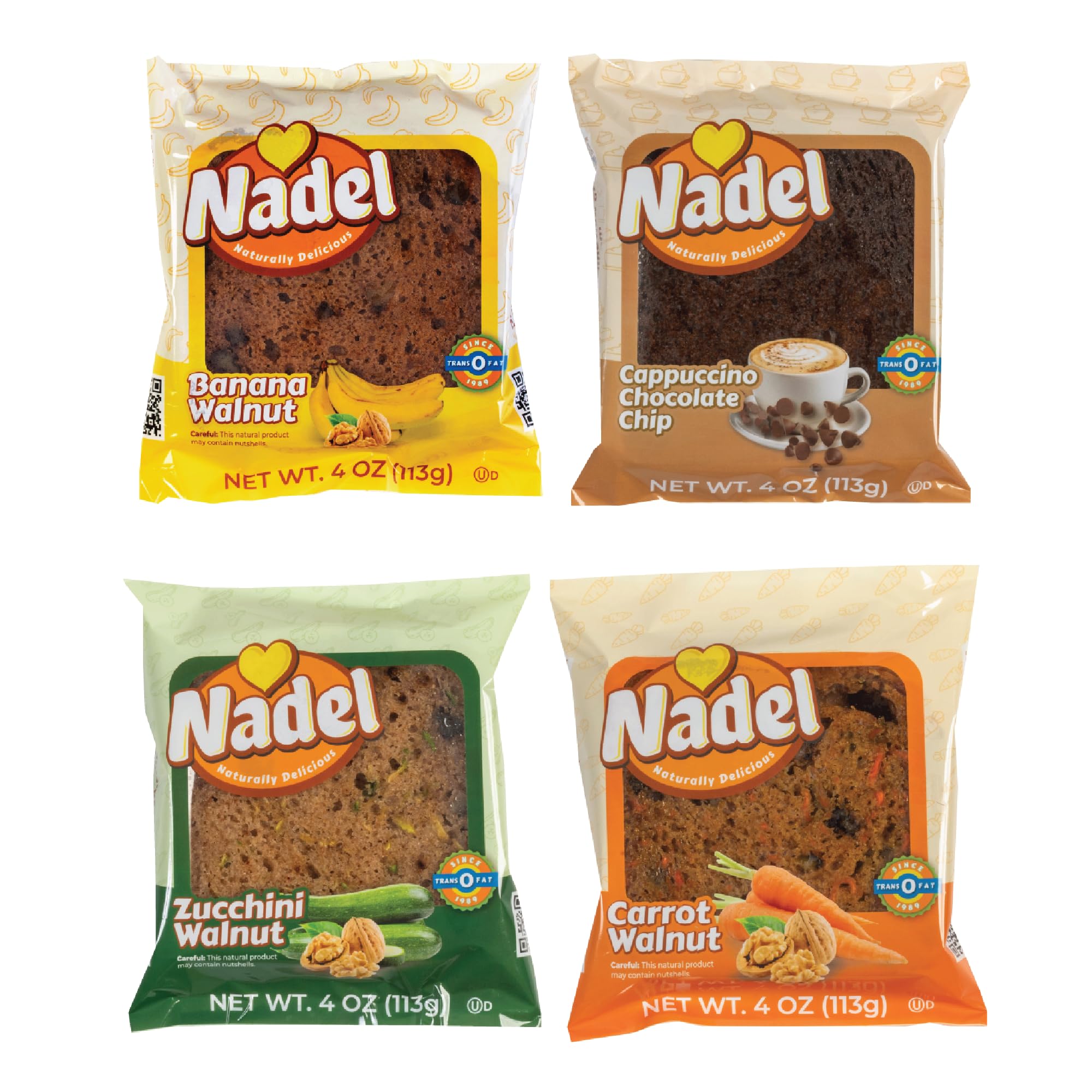 Nadel - Naturally Delicious Sweet Breads Variety Pack (Banana Walnut, Cappuccino Chocolate Chip, Carrot Walnut, Zucchini Walnut). (4 Pack, 1 Bread Per