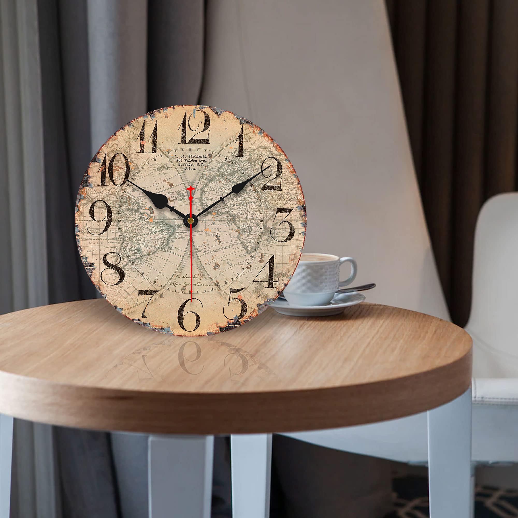 VIKMARI Reloj De Pared Vintage Movimiento De Cuarzo Relojes De Pared Silenciosos Sin Tictac Reloj con Batería Que Cuelga Reloj Redondo De Madera Vintage |Mapa del Mundo|14"